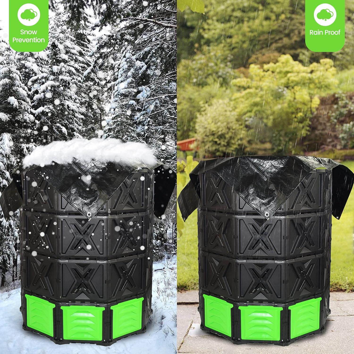 XXL Black and Green Outdoor Compost Bin with Rain Cover