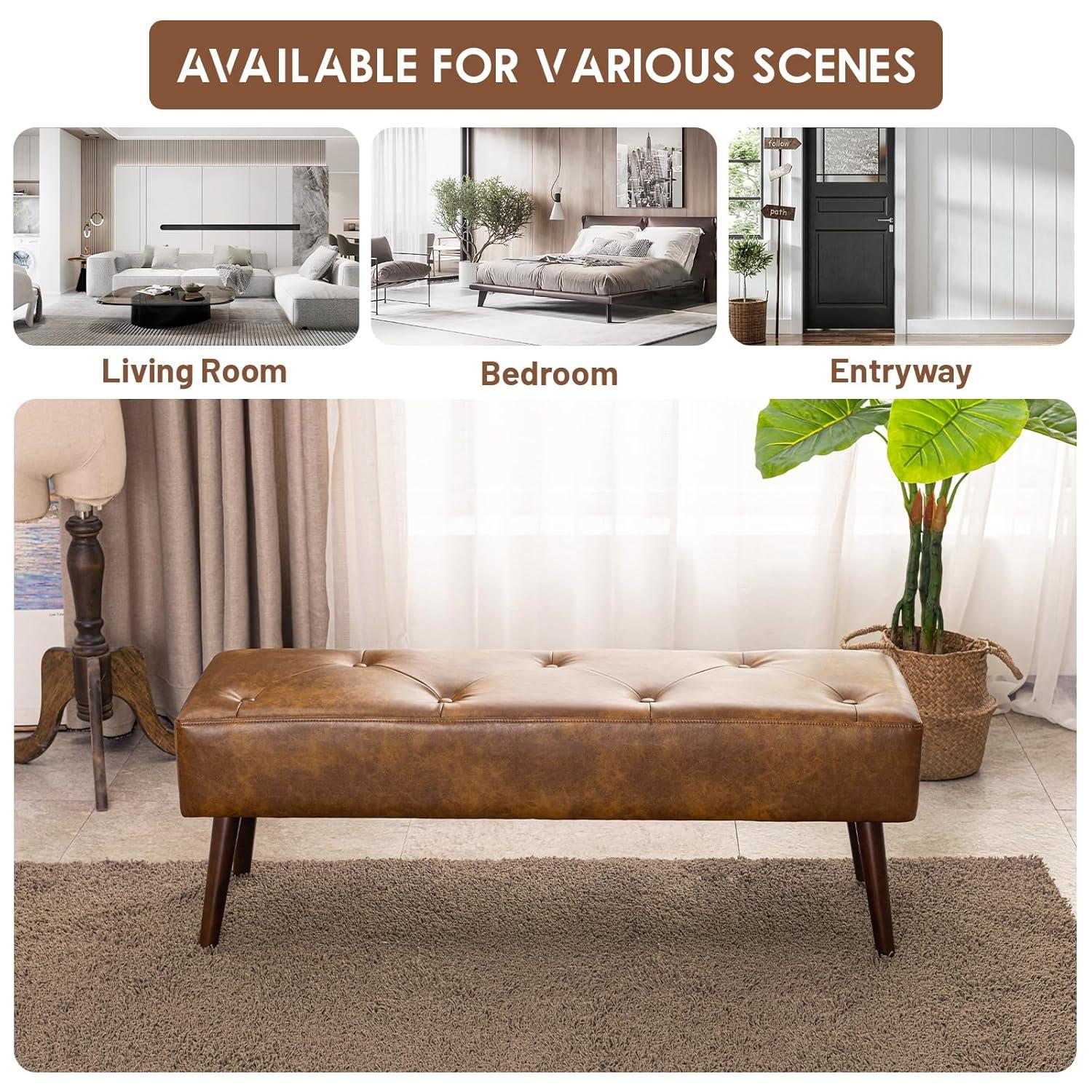 Furniliving 44 Inch Tufted Leather Bench, Leather Footrest Stool Bedroom Bench Seat, Upholstered Tufted Beathable Fabrics Ottoman Bench with X-Shaped Wood Legs for Kitchen, Solid Wood Indoor Bench