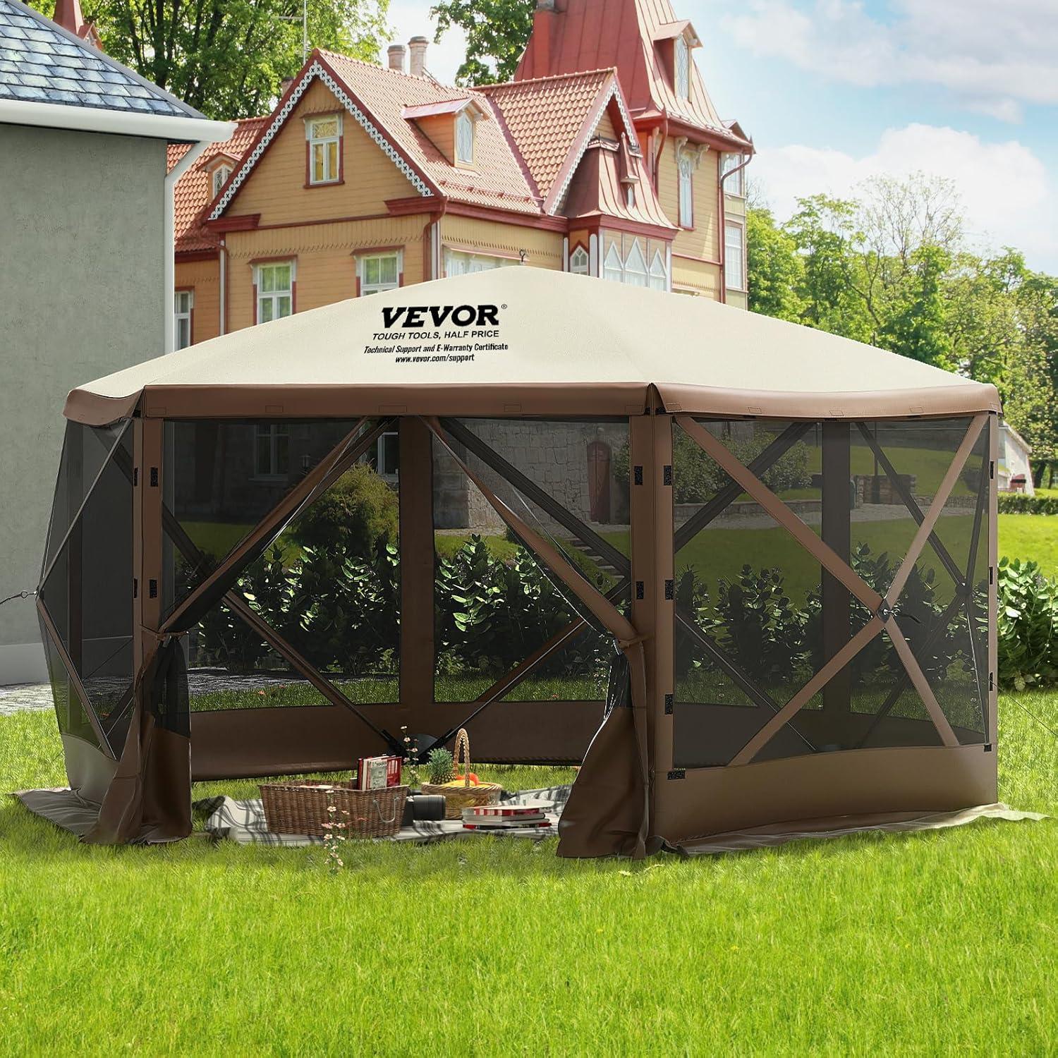 Hexagonal Brown and Beige Alloy Steel Pop-Up Gazebo Tent