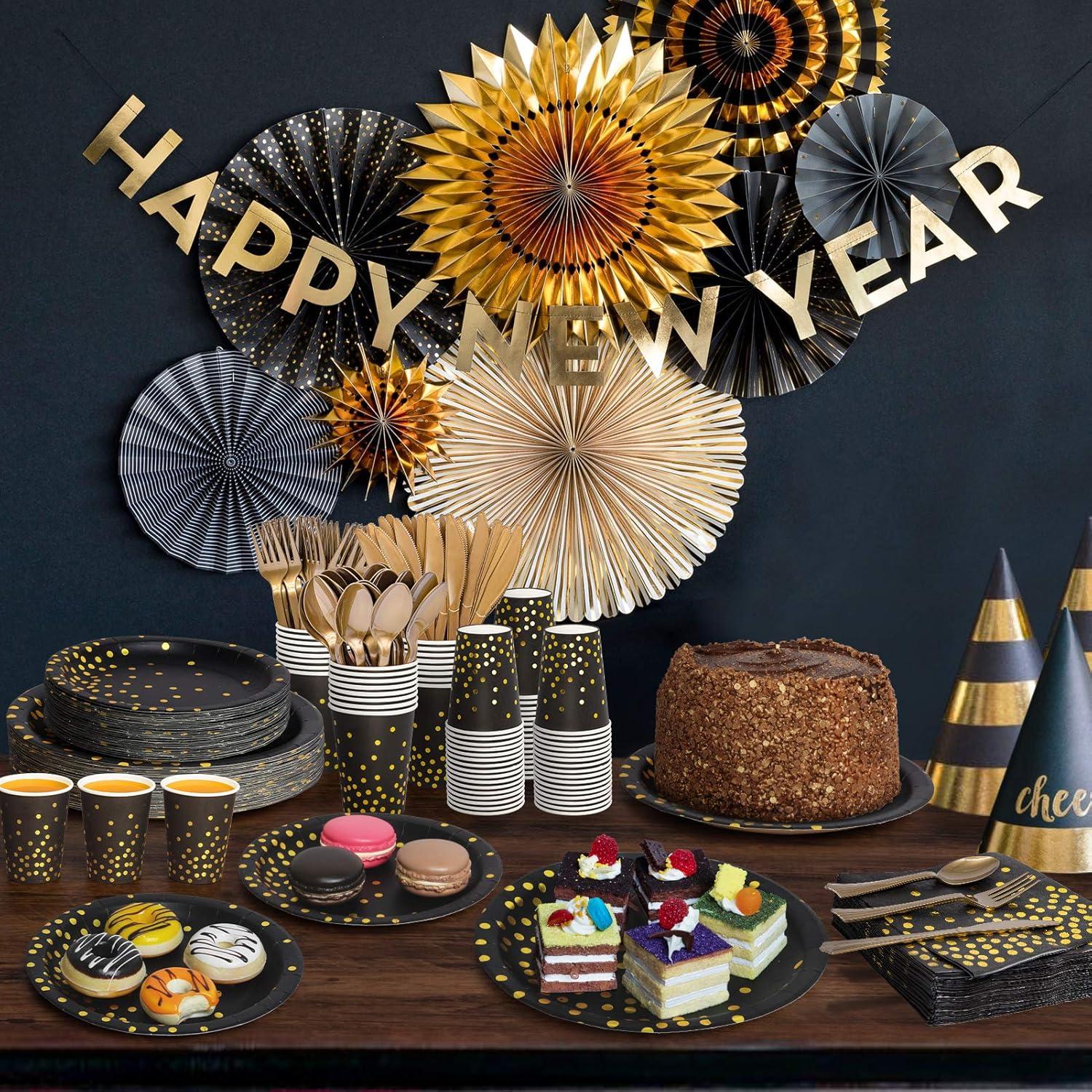 Black and Gold Party Supplies - 350 PCS Disposable Dinnerware Set - Black Paper Plates Napkins Cups, Gold Plastic Forks Knives Spoons for Birthday Christmas Halloween Thanksgiving New Years Eve Party