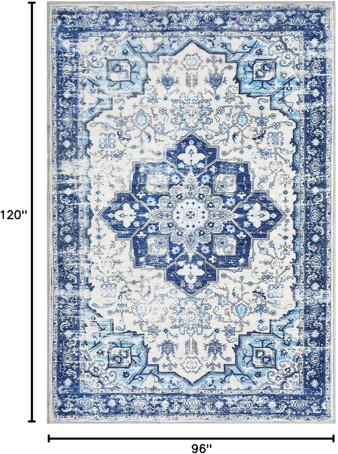 Blue Floral Synthetic 8' x 10' Washable Area Rug