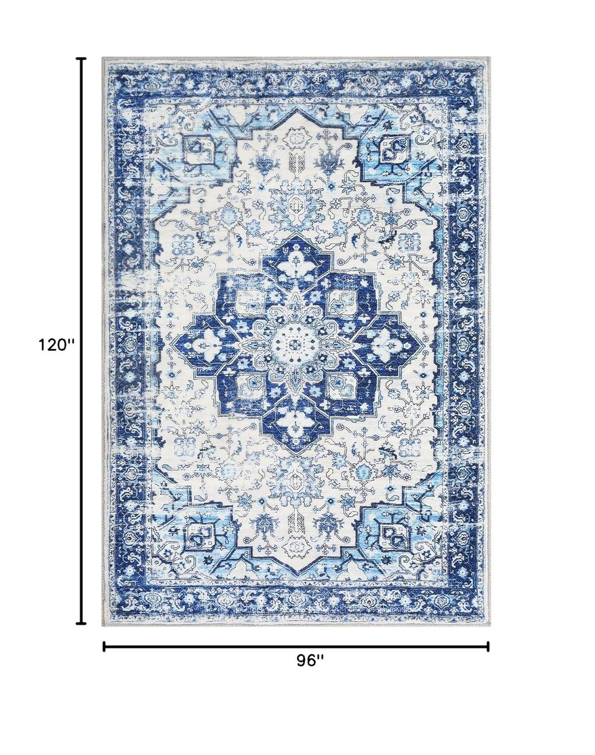 GlowSol 8x10 Floral Area Rug for Living Room Bedroom Retro Distressed Area Rug Traditional Medallion Non-Slip Low Pile Carpet Floor Decoration, Blue