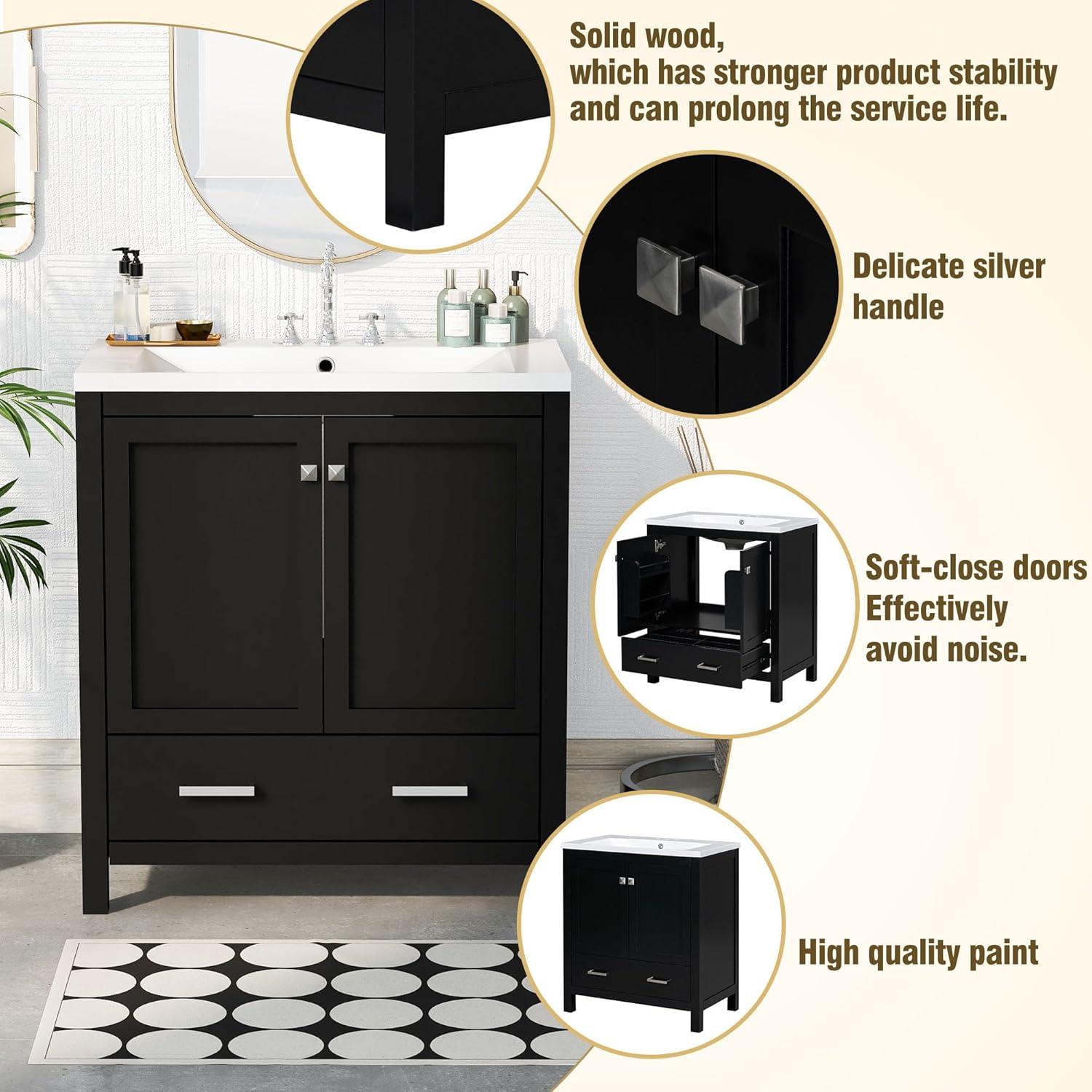 30" Bathroom Vanity with Sink, Modern Under Sink Cabinet with 2 Doors and 1 Drawer, Floor Storage Cabinet for Bathroom with Removable Divider and Double Shelf, Black