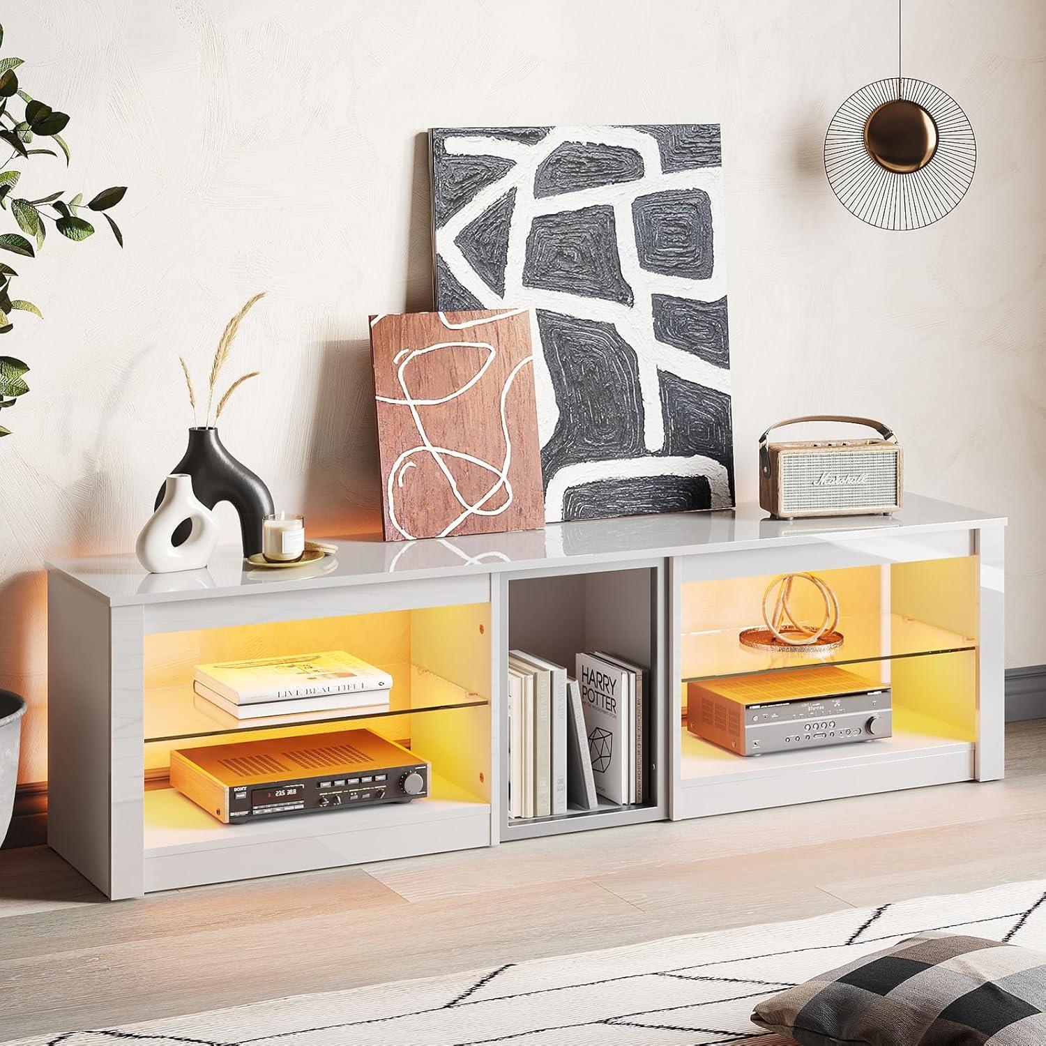 Bestier TV Stand for TVs up to 70" with LED Light, Entertainment Center for PS5 with Shelves, Black Marble