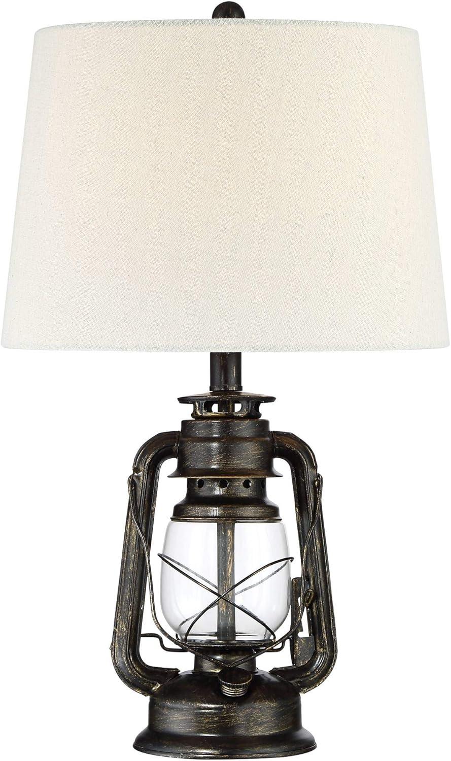 Franklin Iron Works Murphy Industrial Rustic Accent Table Lamp 23" High Weathered Bronze Miner Lantern Oatmeal Fabric Shade for Bedroom Living Room