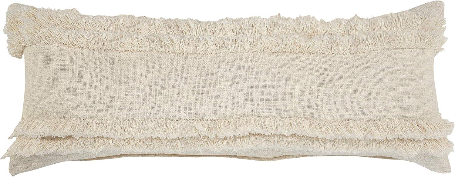 Cream Fringed Rectangular Lumbar Throw Pillow