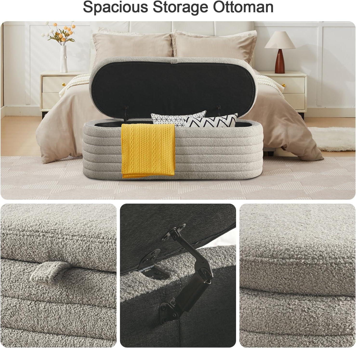 Gray Upholstered Fabric Storage Ottoman Bench with Safety Hinge