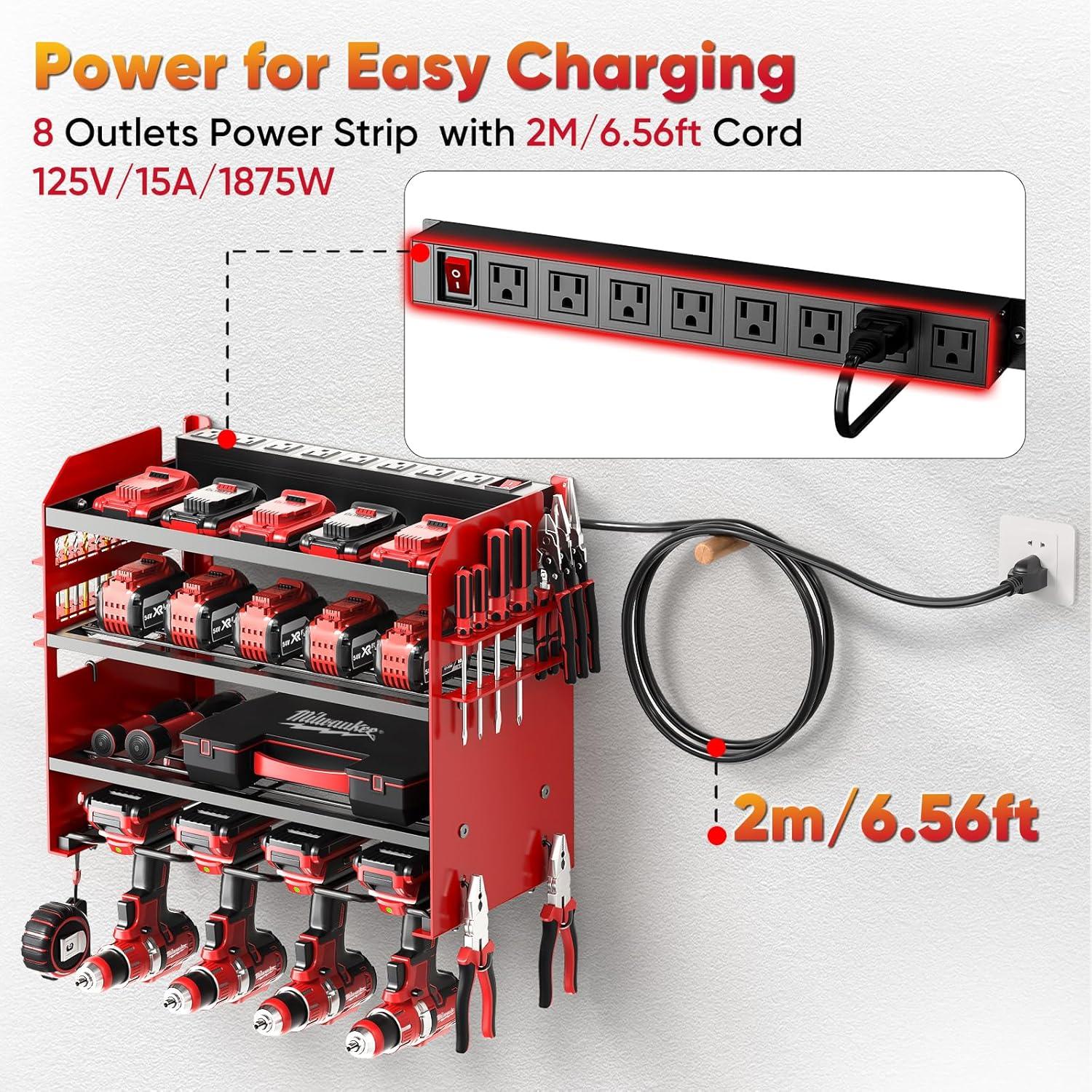 Heavy-Duty Red Metal Power Tool Organizer with Charging Station