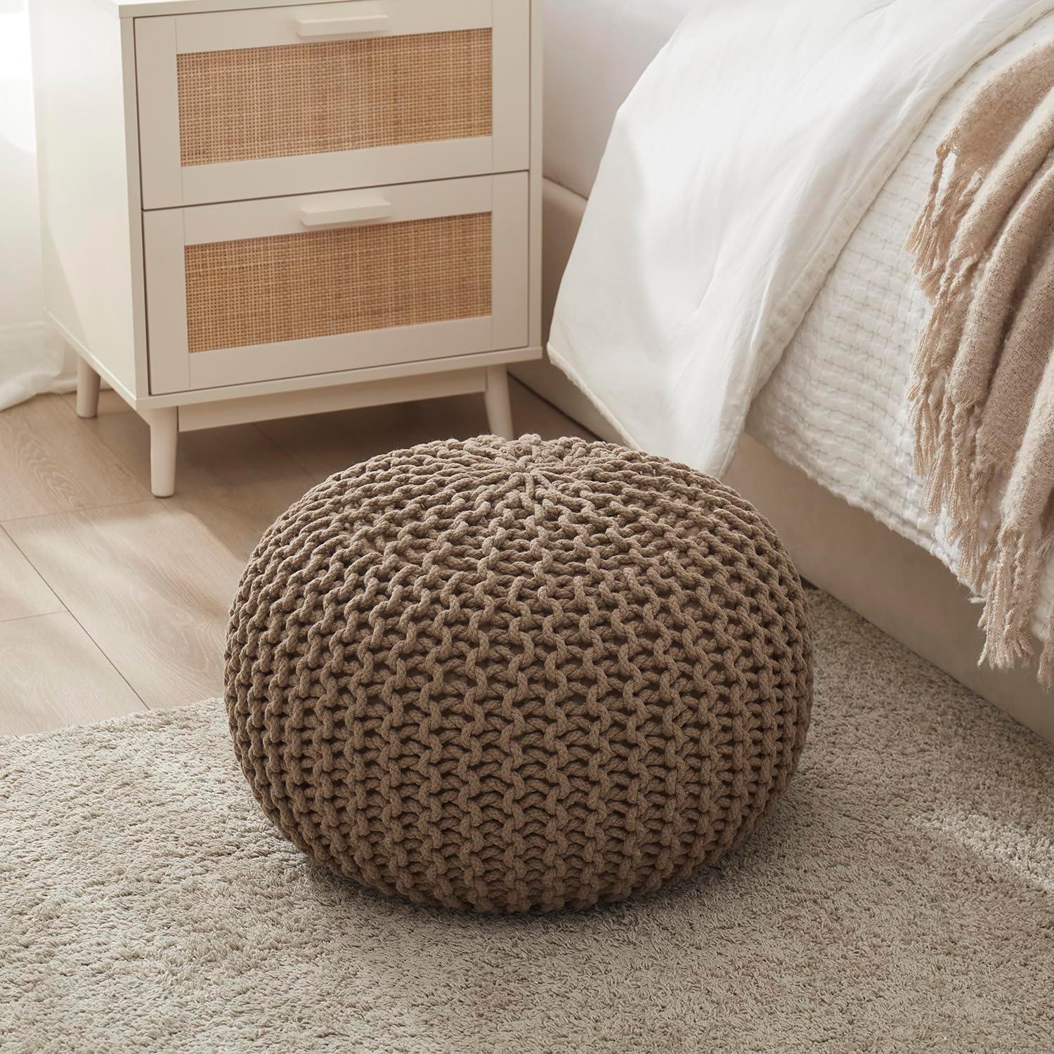 Ornavo Home Cotton Classic Braid Pouf Ottoman - 15" x 18.5" - White