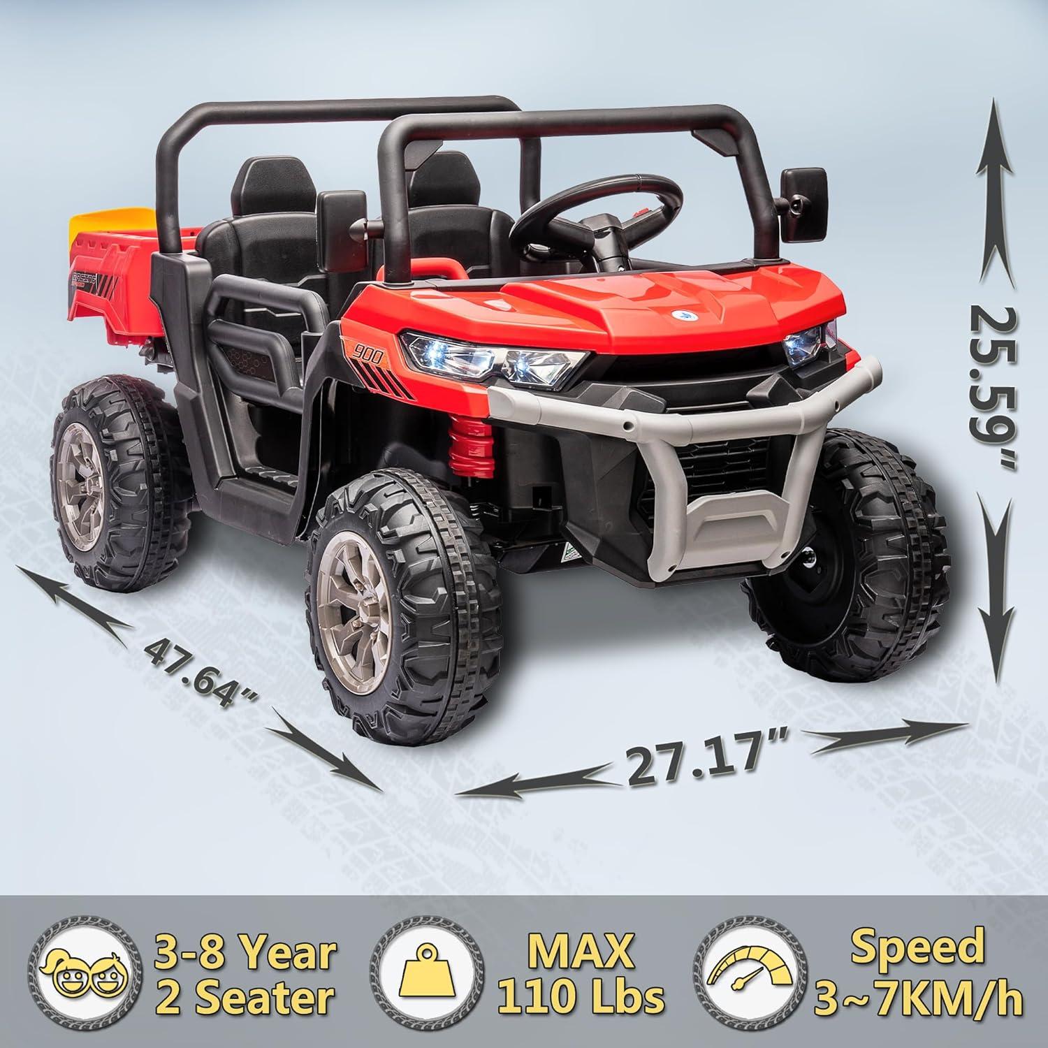 24V Kids Ride on Dump Truck with Remote Control, 2 Seater Powered 4-Wheel UTV Toys, 2x200W Ride on Tractor Car w/ Electric Dump Bed, Shovel, Bluetooth Music, Red