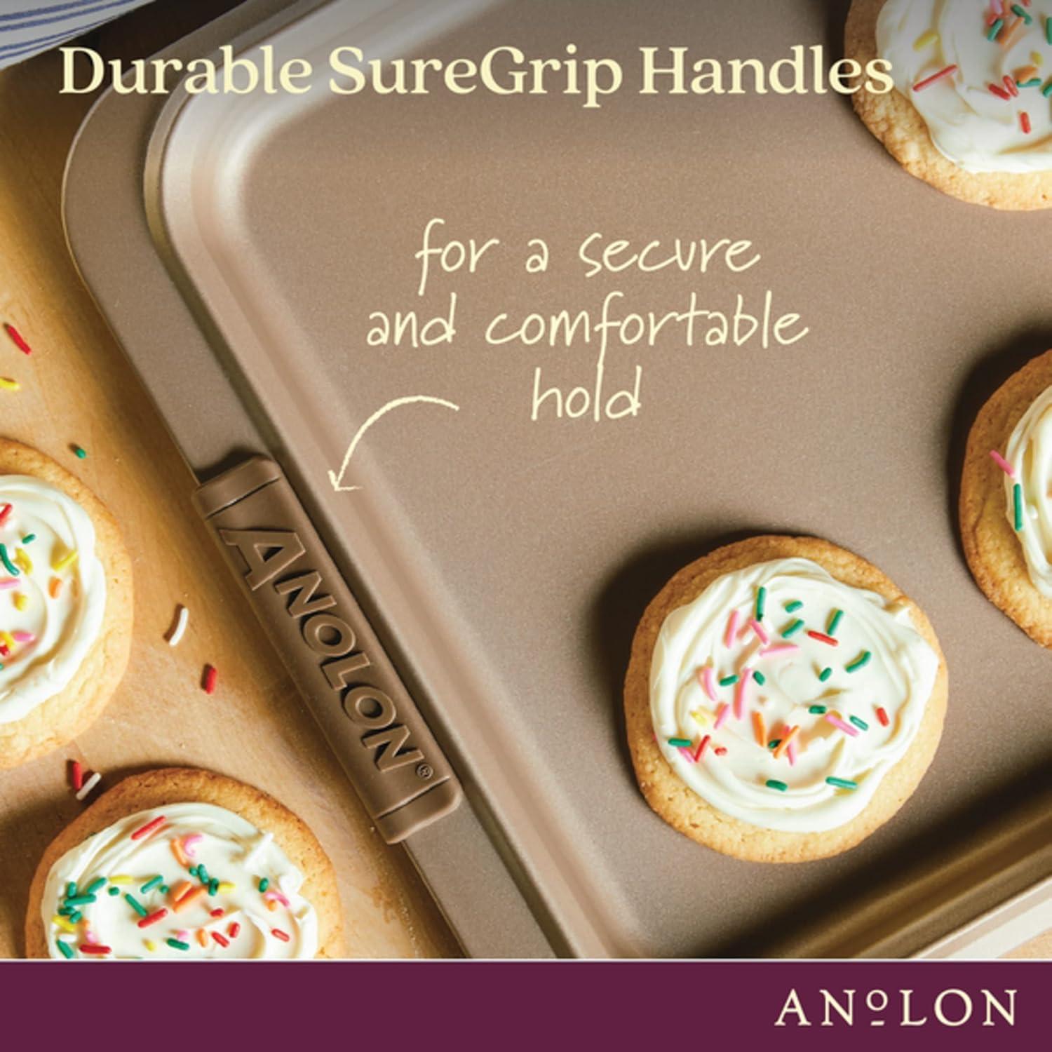 Anolon Bakeware with Silicone Grips 2pc 10"x15" Cookie Pan and 11"x17" Cookie Pan Bronze