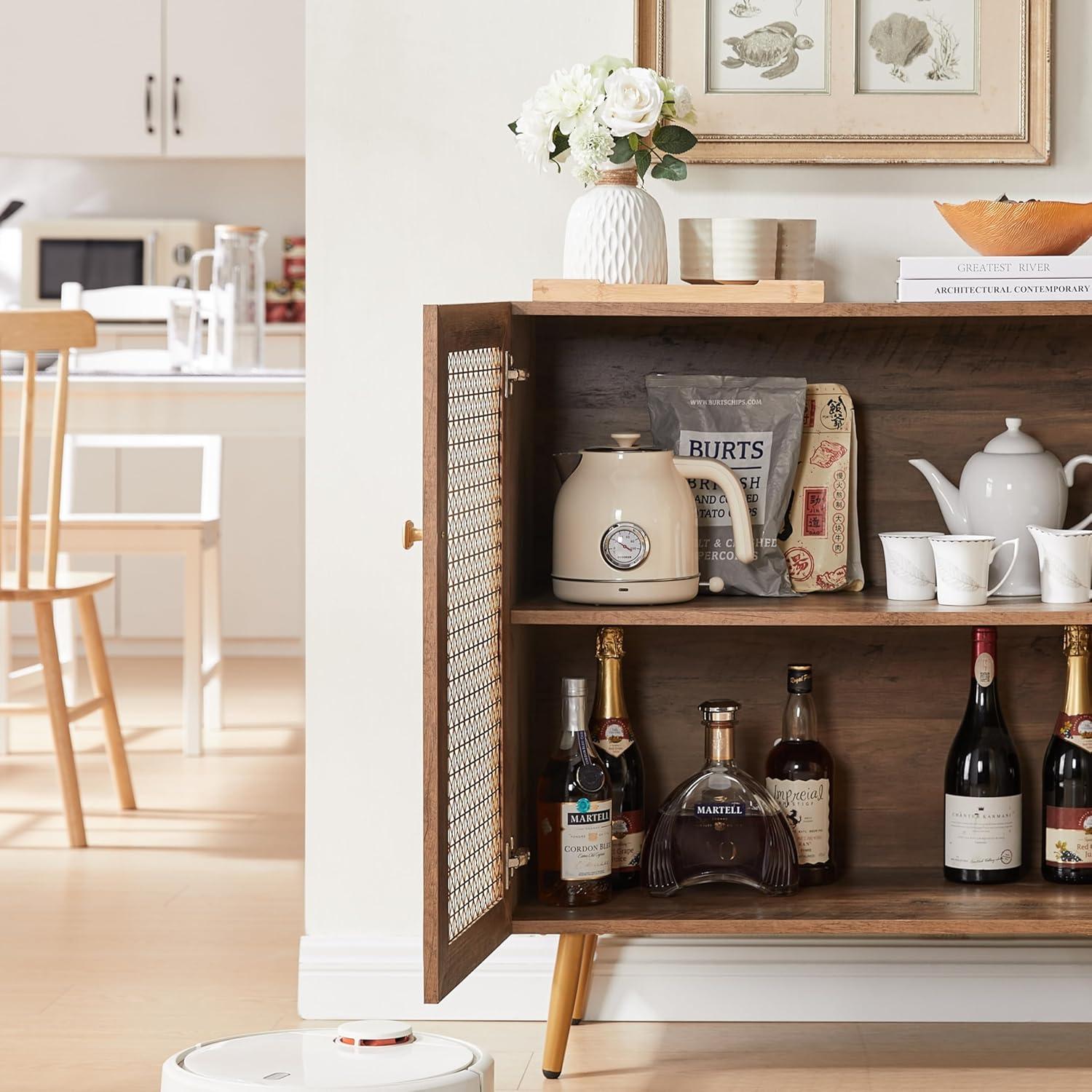 61.7''W Four Door Wood Buffets and Sideboards Storage Cabinet with LED Light Rustic Oak