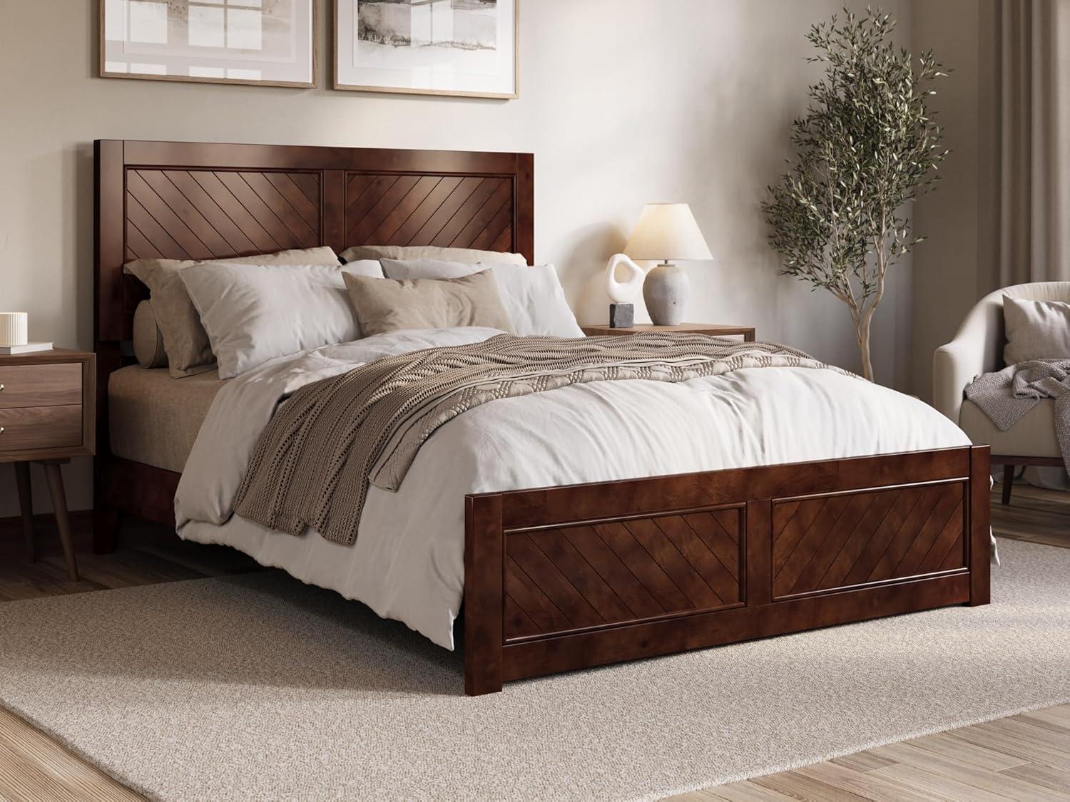 , Berkshire Queen Solid Wood Low Profile Platform Bed with Matching Footboard, Walnut