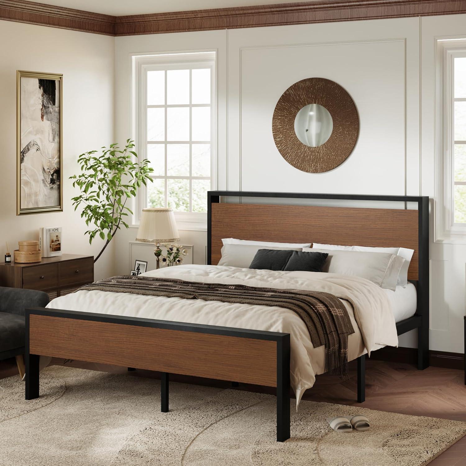 Walnut and Black Queen Metal Frame Bed with Wood Headboard