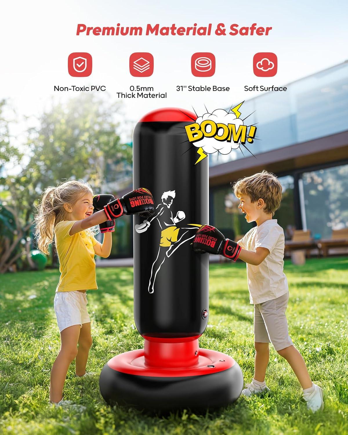 QPAU Larger Punching Bag for Kids, 66" Inflatable Boxing Bag, Gifts for Boys & Girls Age 6-12 for Practicing Karate, Taekwondo, MMA and to Relieve Pent Up Energy in Kids and Adults (Blue)