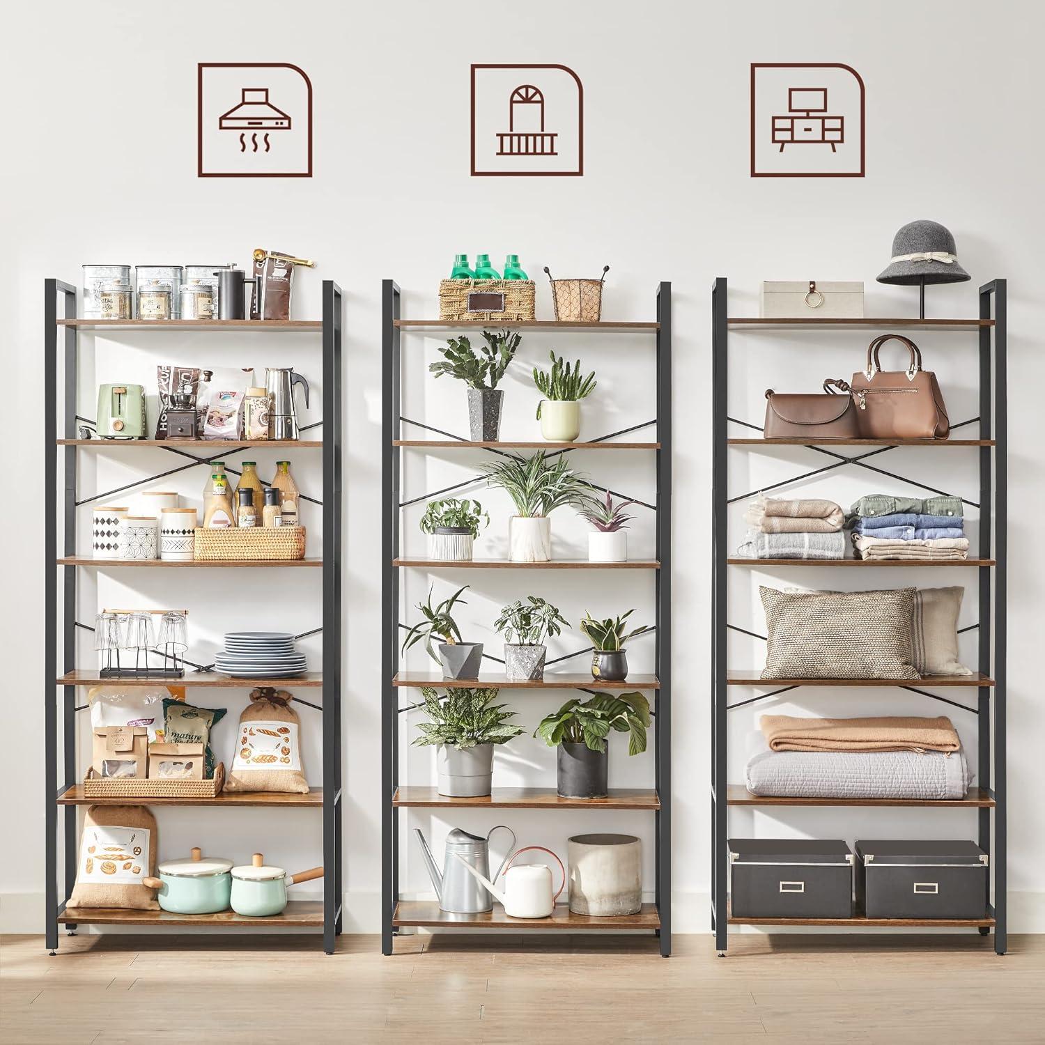 Rustic Brown and Black 6-Tier Adjustable Bookshelf with Steel Frame