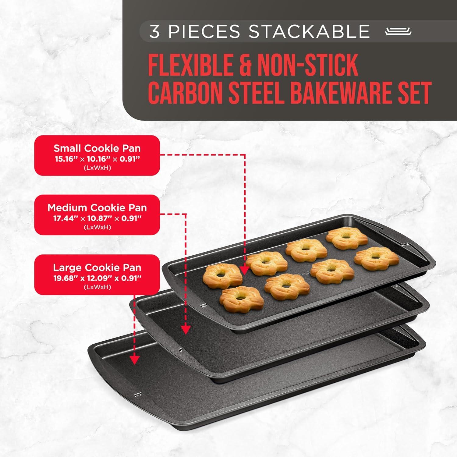 Gray Non-Stick Carbon Steel 3-Piece Cookie Sheet Set