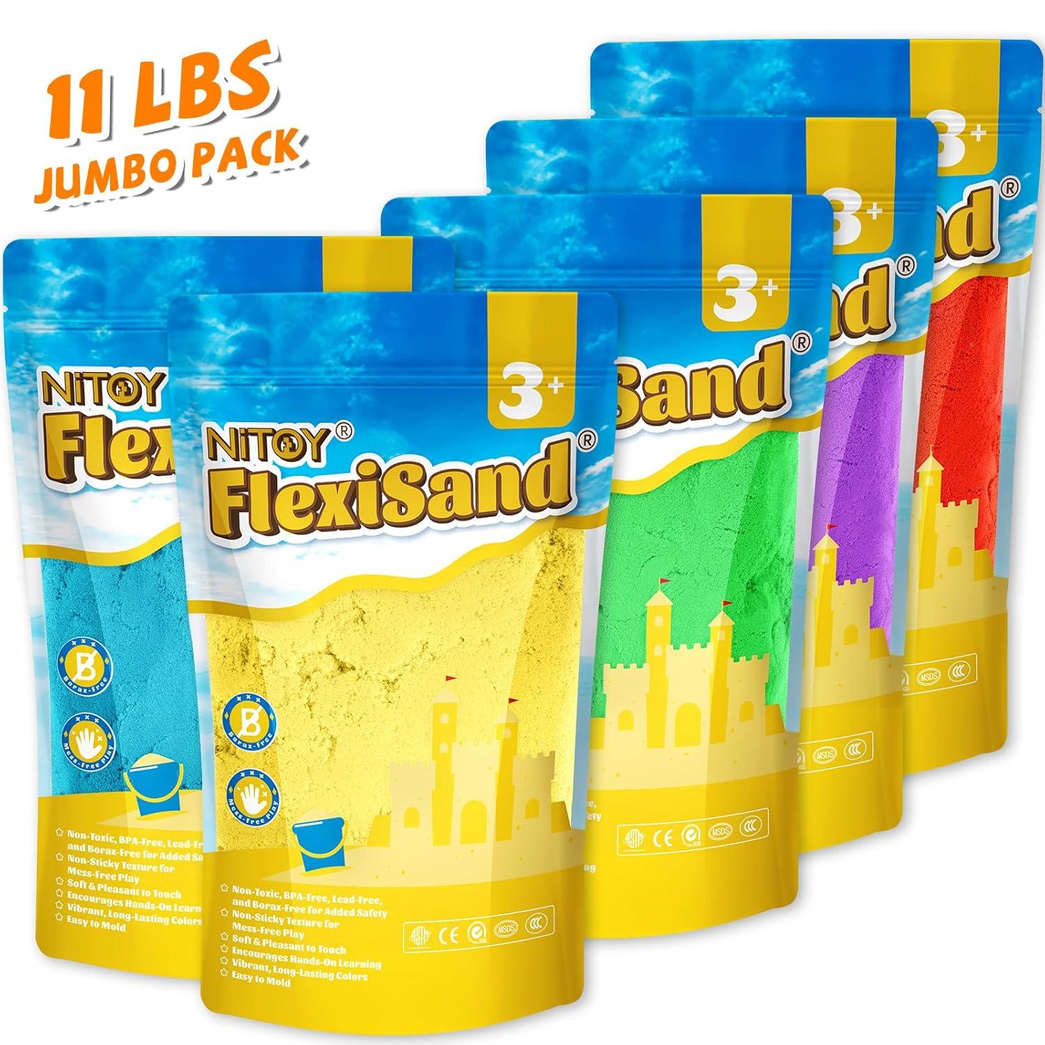 NiToy FlexiSand 11lbs Play Sand, Moldable Self-Sticking, Never Dries Out - Fun for Kids Bulk Refill for Sensory Sand Box Toys, Ideal for Shaping, Squeezing, Scooping, Rolling and Molding (5 Colored)
