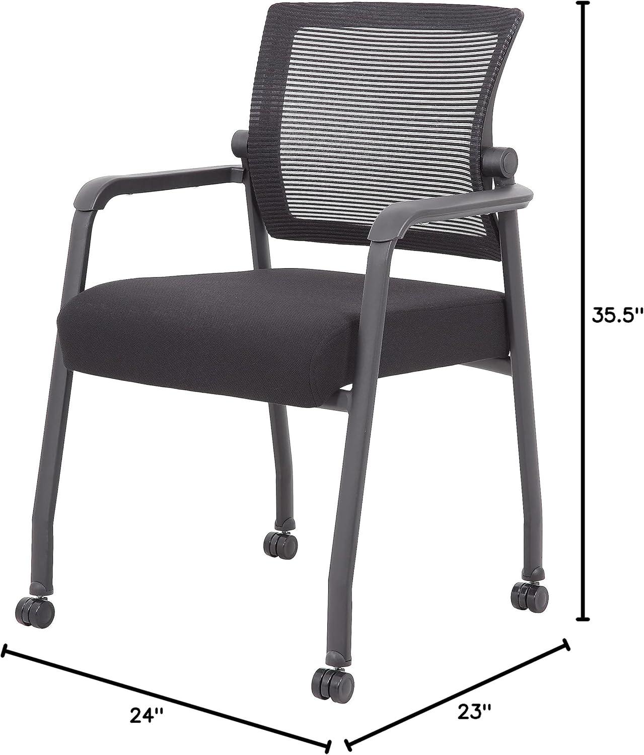 Black Mesh Guest Chair with Fixed Arms and Casters