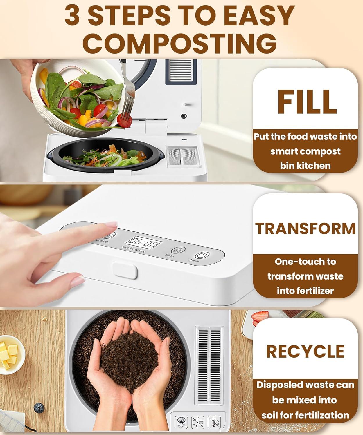 Electric Composter for Kitchen, 3.3L, Smart Compost Bin, Odorless/Auto-Cleaning, 2 Modes, Blade Upgrade, Food Waste to Fertilizer