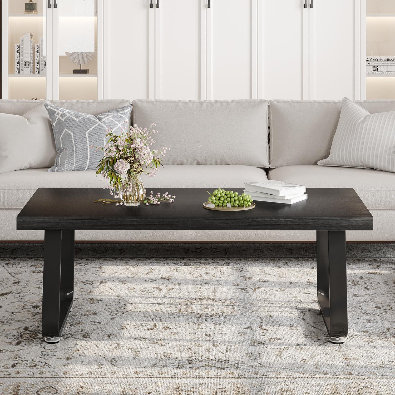 Latitude Run® Black Coffee Table, Industrial Wood And Metal Legs Center Table, Black Oak, 47 Inch