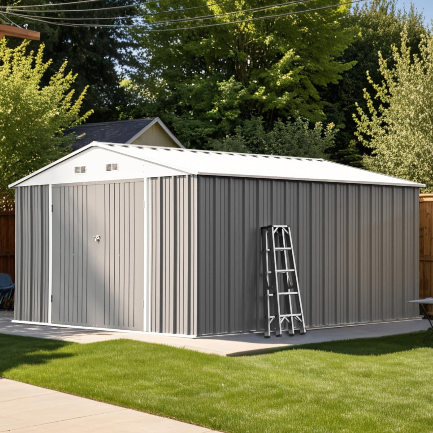 Gray 10' x 12' Metal Outdoor Storage Shed with Floor Frame