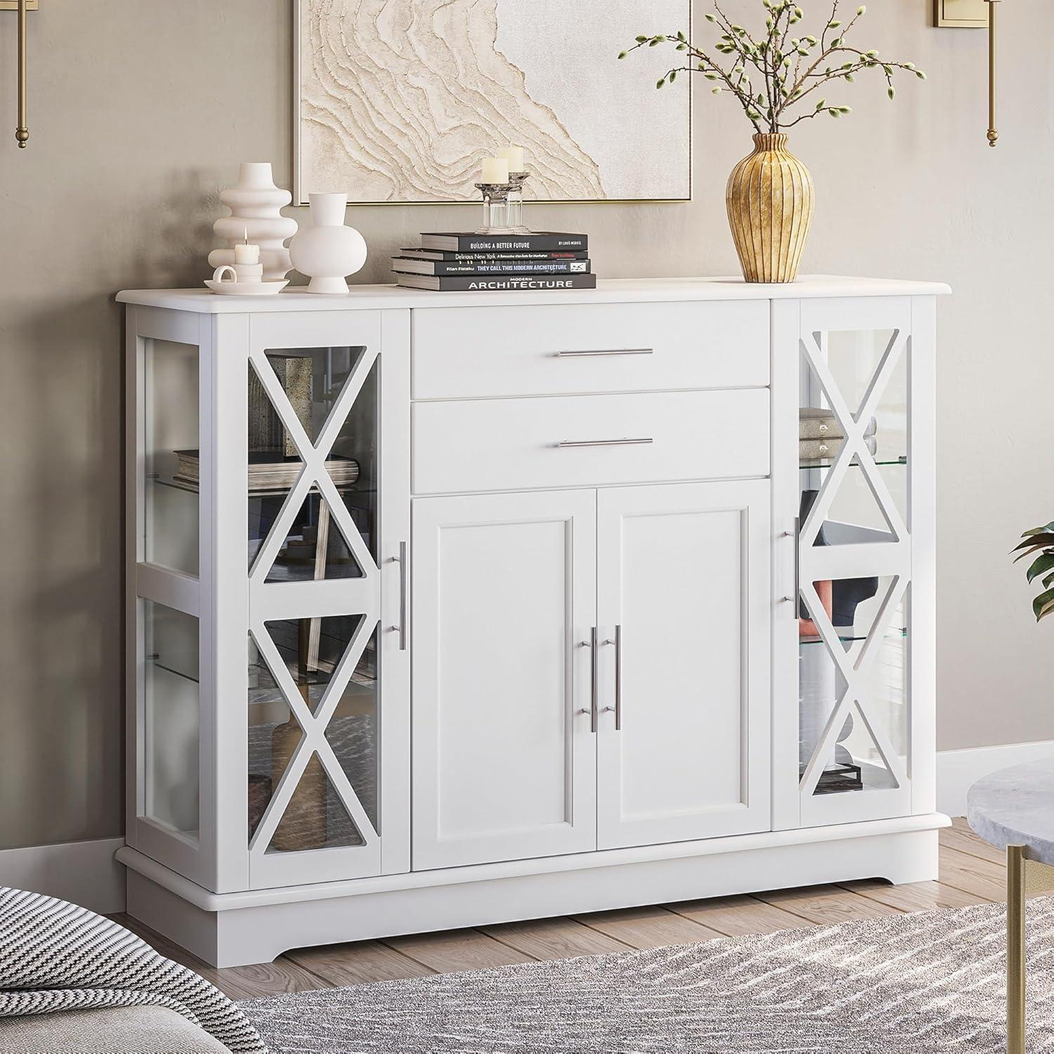 BELLEZE Ryland 47" Wood Storage Sideboard Buffet Cabinet Console Table, White