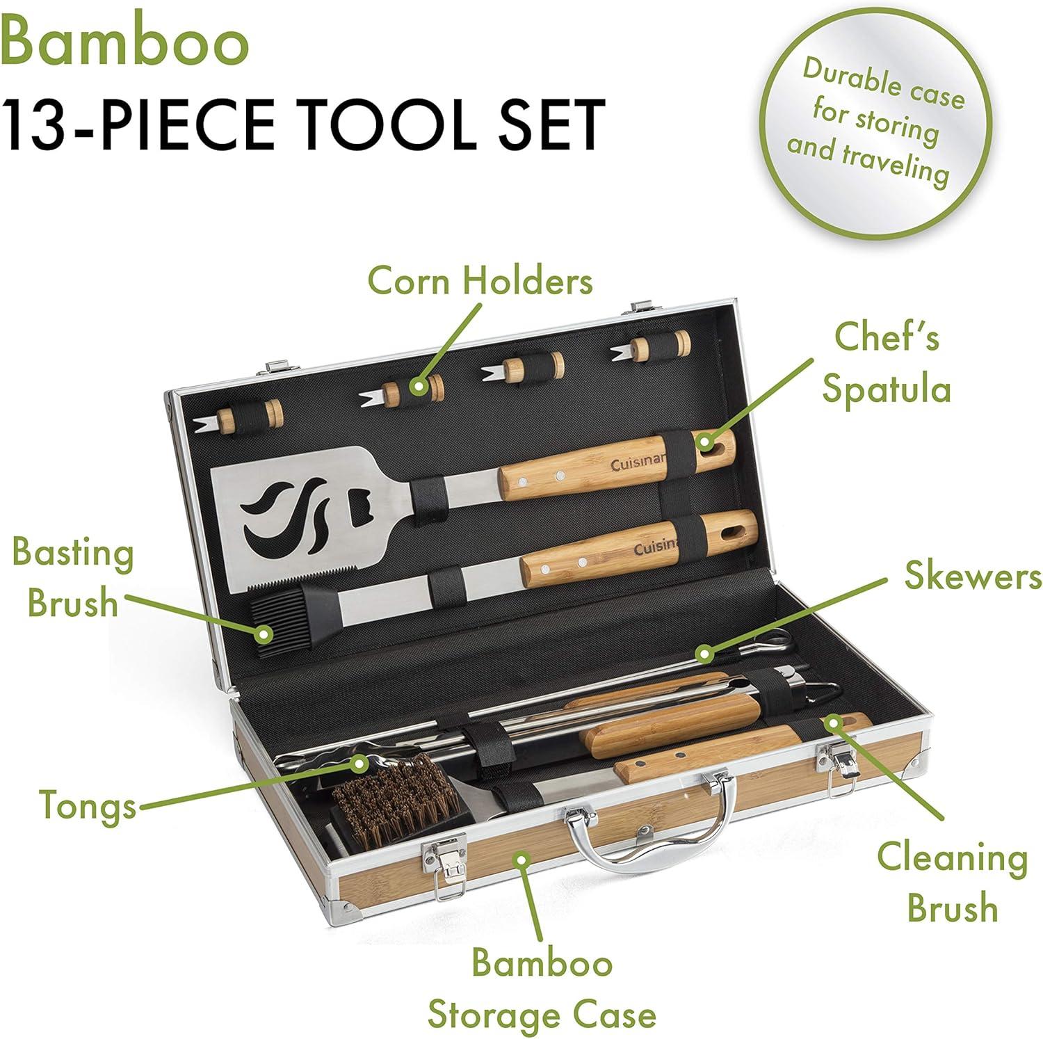 13-Piece Stainless Steel Grill Tool Set with Bamboo Handles