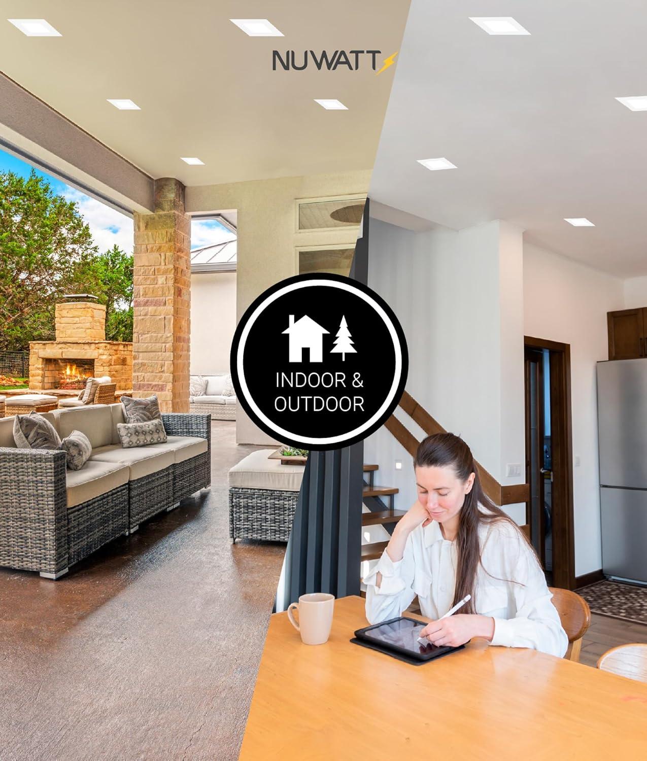 NUWATT 6 Pack 6 Inch Square Ultra-Thin LED Recessed Lighting, Selectable 2700K/3000K/3500K/4000K/5000K, High Brightness 1050 Lumens Dimmable, White Canless Slim Wafer Light, IC Rated, Metal J-Box