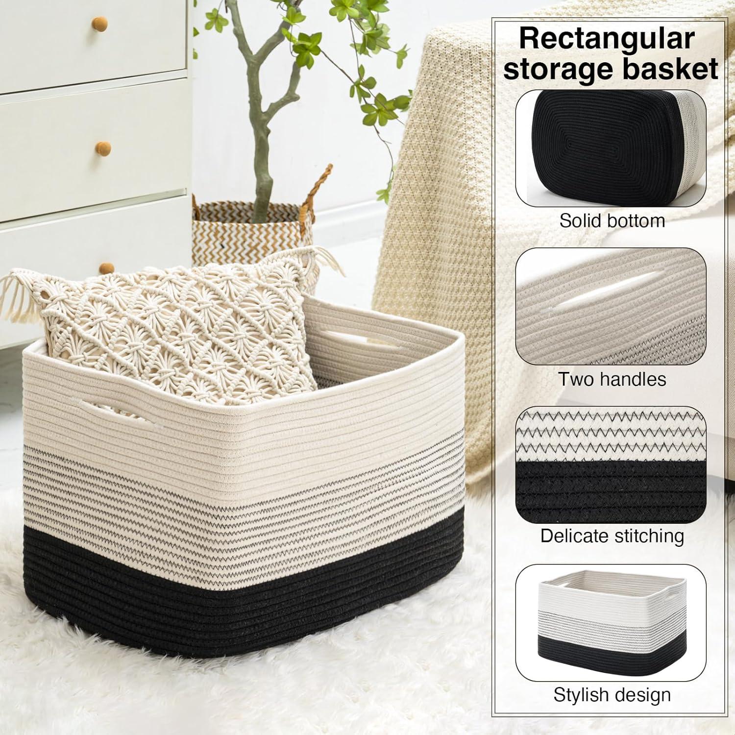 OIAHOMY Large Blanket Basket, Rectangle Woven Baskets for Storage, Nursery Blanket Basket Living Room, Toy Basket with Handle, Large Baskets for Organizing-22”x17”x12”-Gradient Black