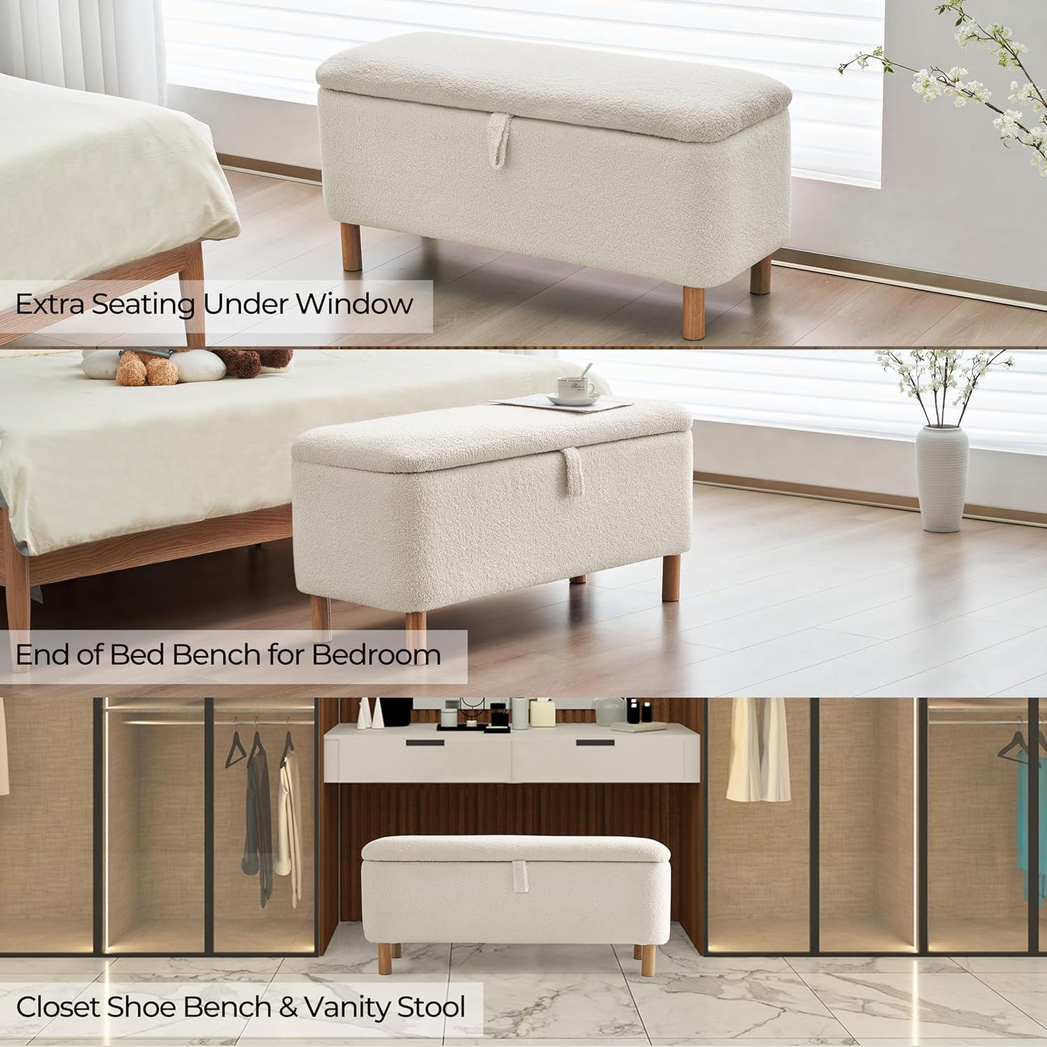 39.5" Off-White Boucle Upholstered Storage Ottoman Bench with Wood Legs