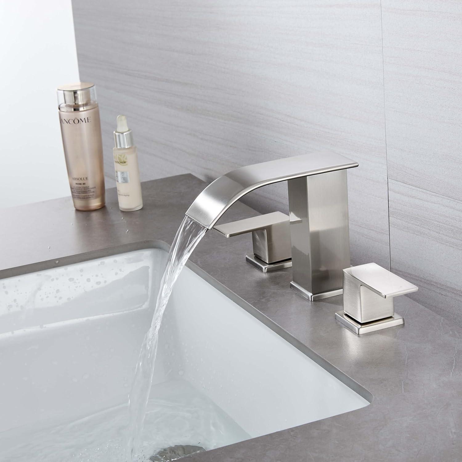 Brushed Nickel 8-Inch Widespread Waterfall Bathroom Faucet