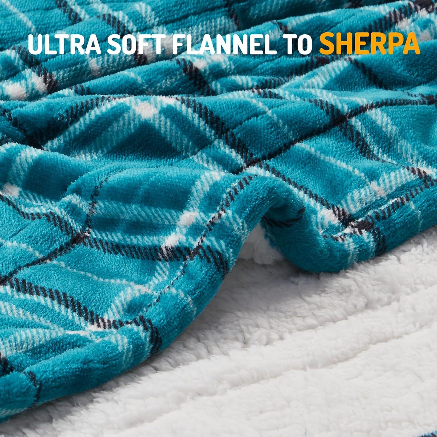 Degrees of Comfort Heated Sherpa Wrap Shawl, Cozy Winter Electric Blanket Throw, for Grandma Mom Women, Washable, Auto Shut-Off, Reversible 50 x 64 Inch, Blue Plaid