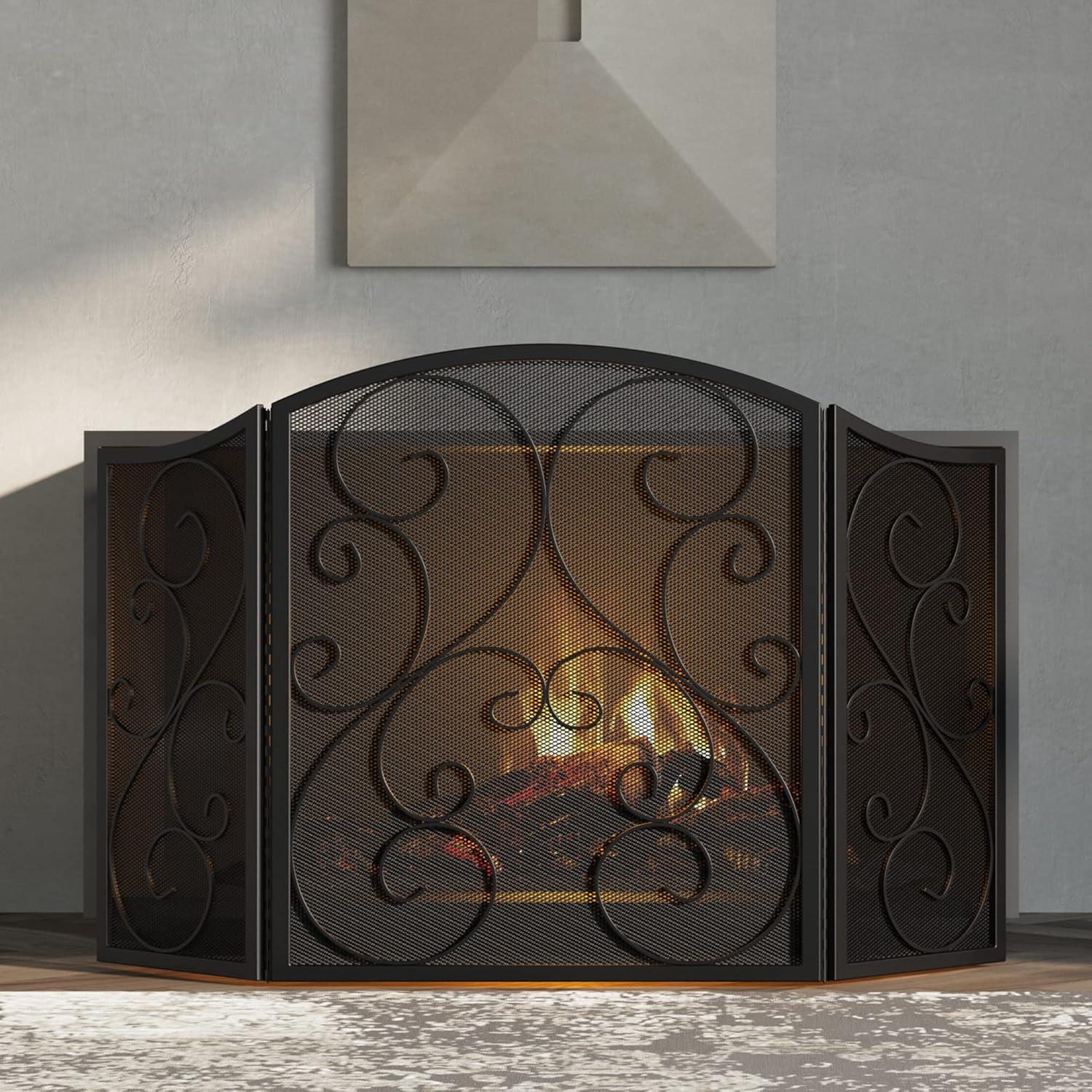 Classic Black Wrought Iron 3-Panel Fireplace Screen