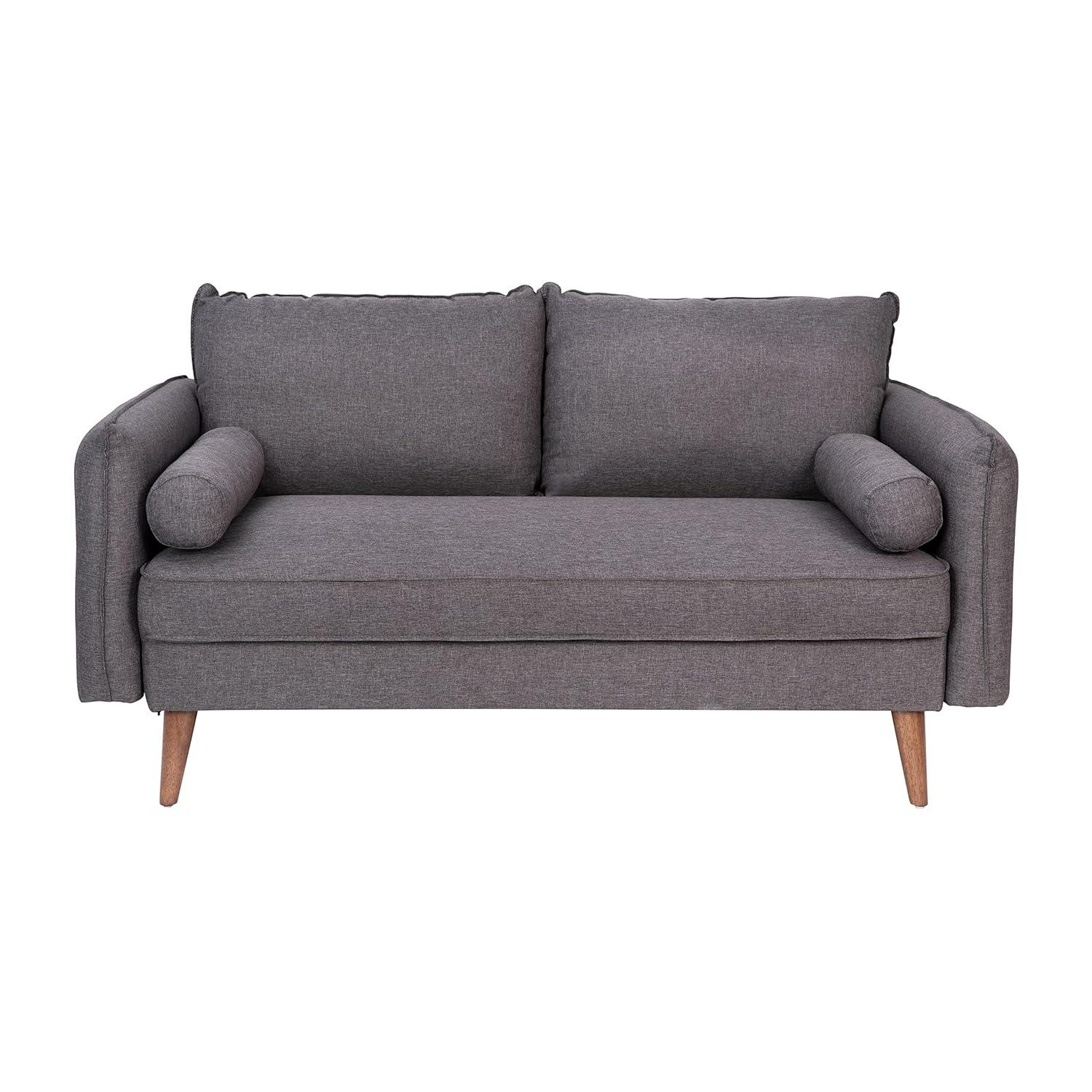 Flash Furniture Evie Mid-Century Modern Loveseat Sofa with Faux Linen Fabric Upholstery & Solid Wood Legs in Stone Gray
