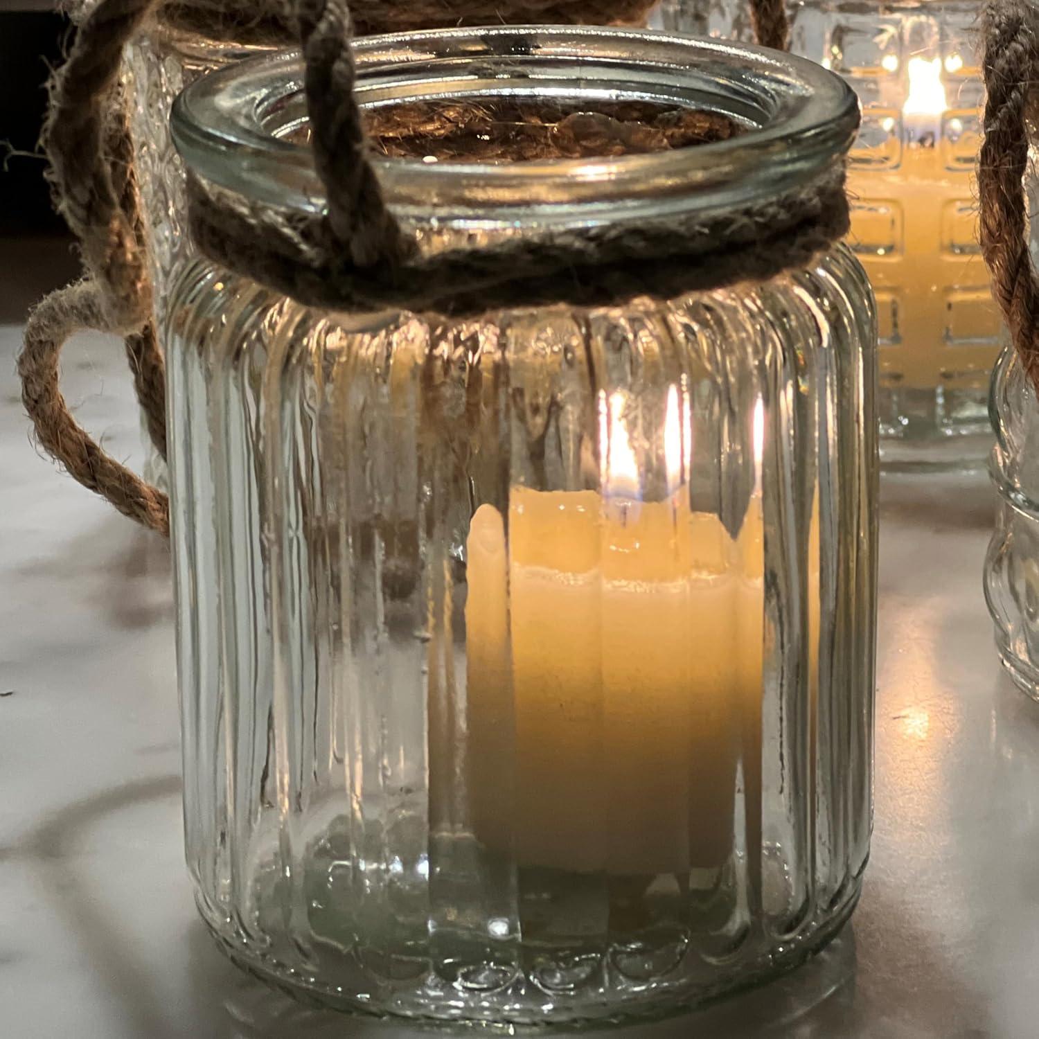 Beach Chic Nautical Rope Hurricane Lamps, Clear Glass Candle Holder, for LED or Wax Votive, Pillar or Tealights, Wind Light, Set of 5, 2 3/4 x 2 3/4 x 3 1/2 Inches