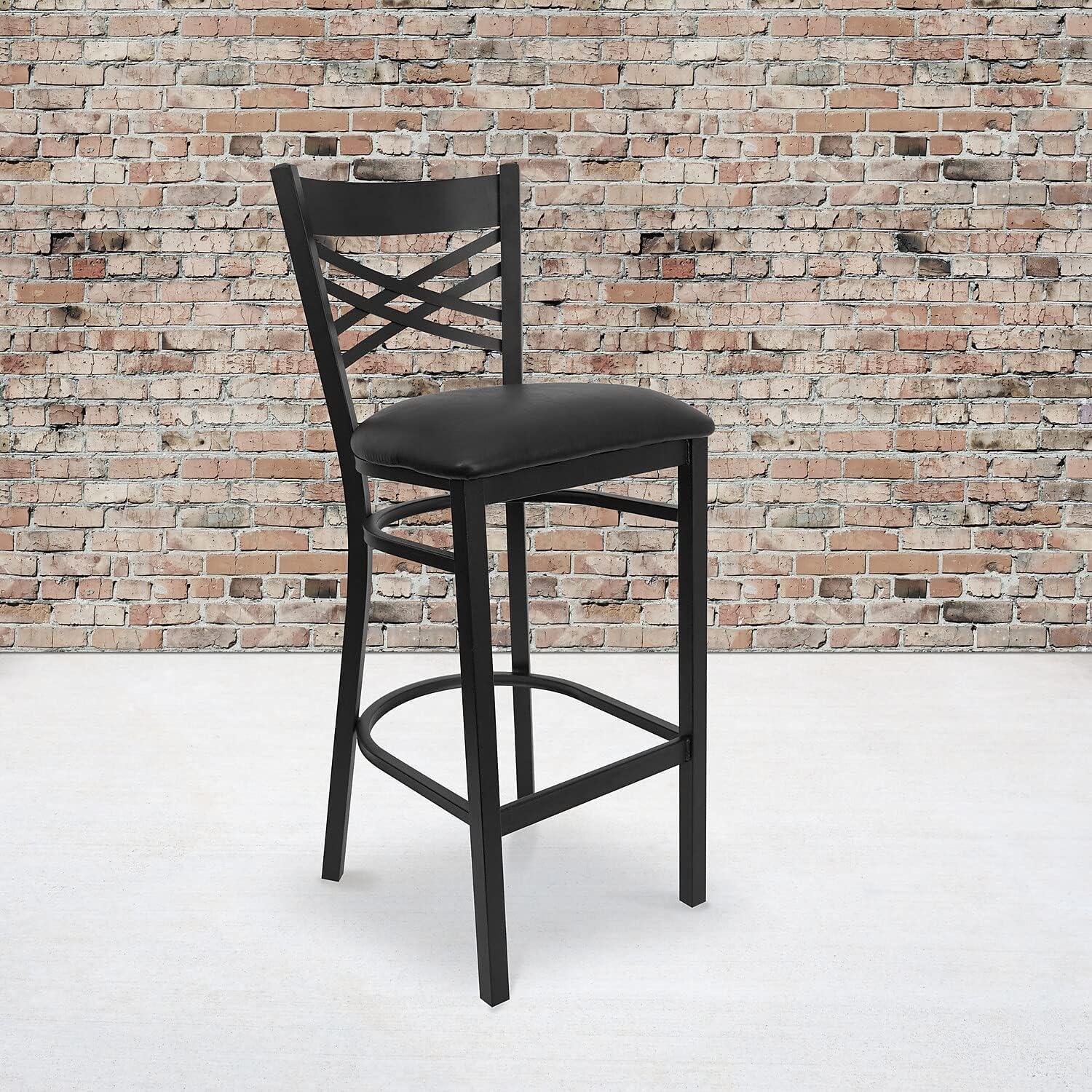 Elegant Black Metal Barstool with X-Back & Black Vinyl Seat