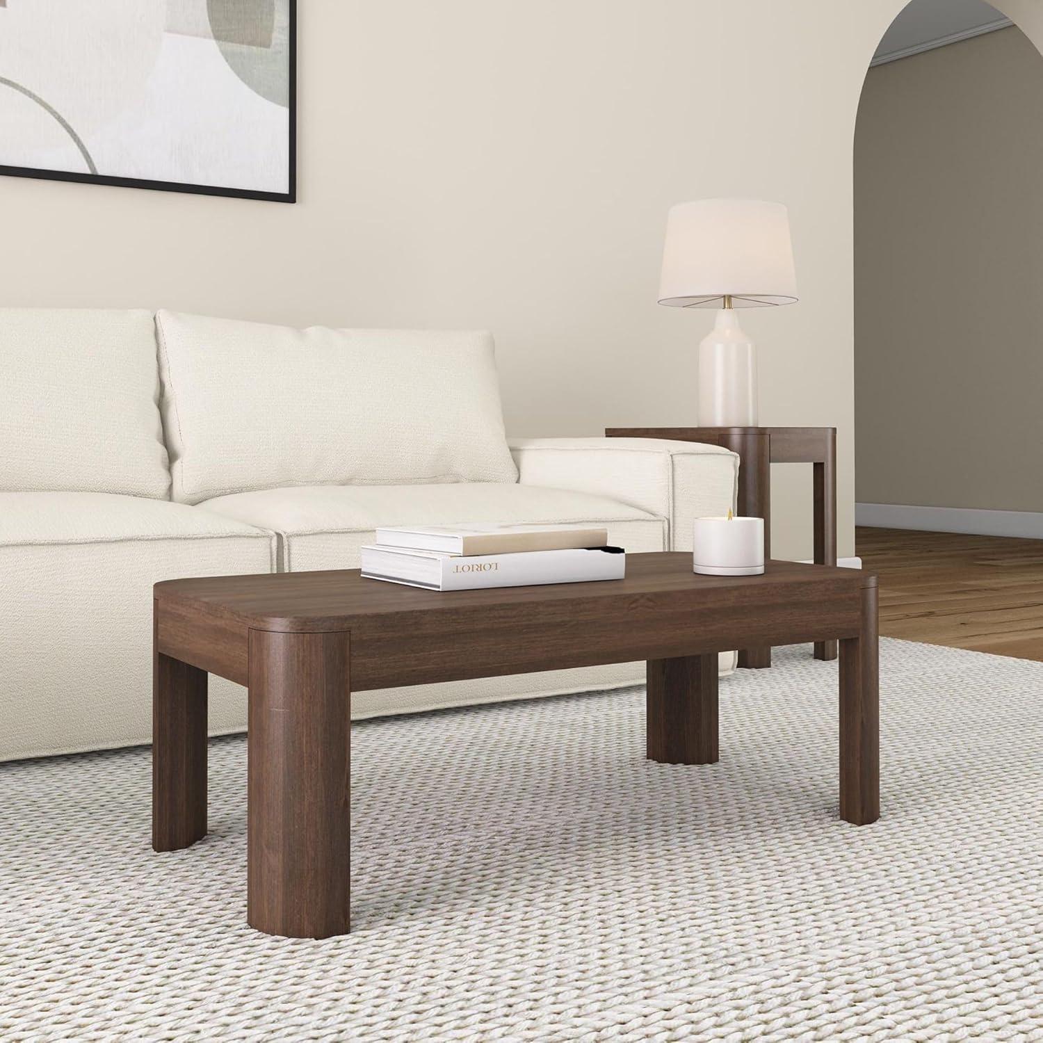 Walnut Pinewood Rectangular Coffee Table with Rounded Edges