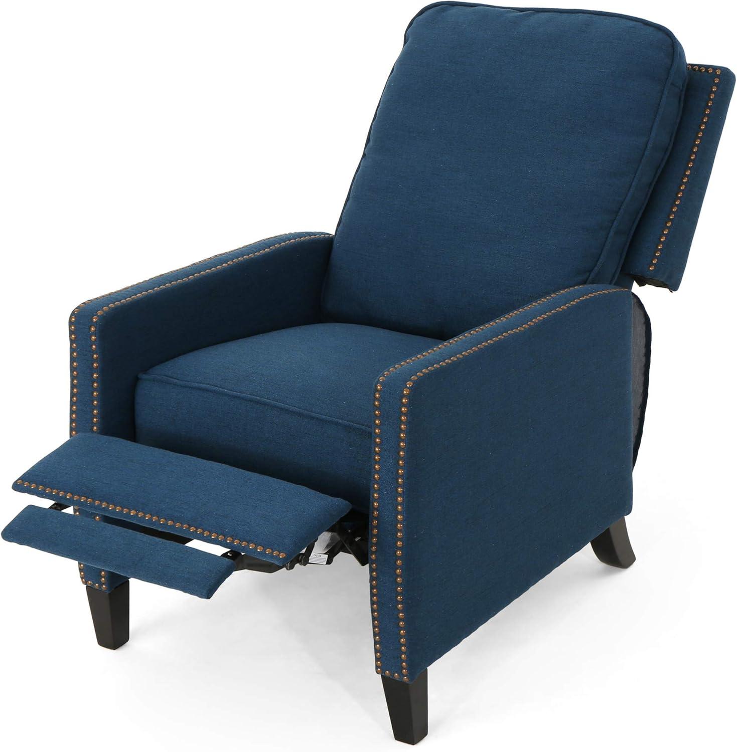 GDF Studio Armstrong Contemporary Fabric Pushback Recliner with Nailhead Trim, Navy Blue and Dark Brown