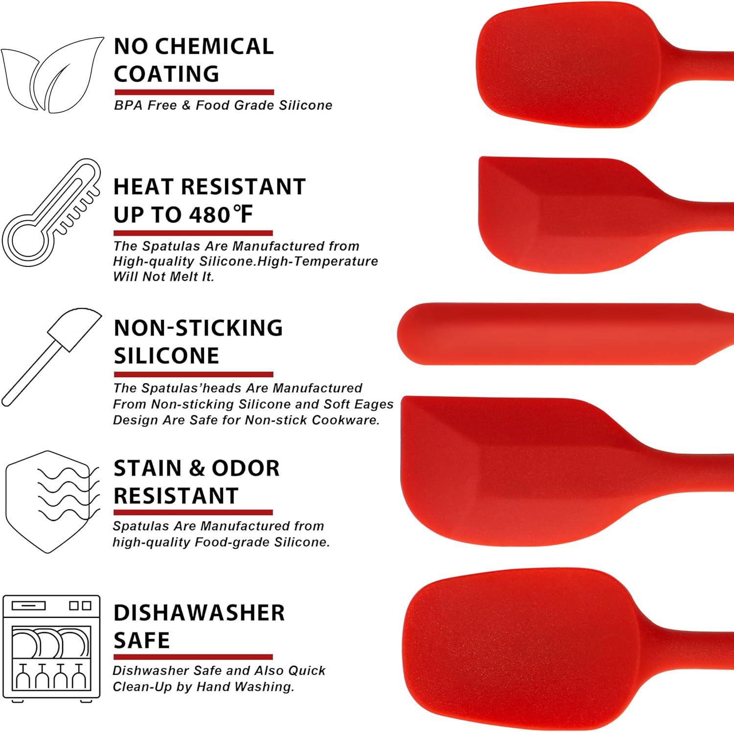 Food Grade Silicone Rubber Spatula Set for Baking, 5 Pcs  BPA-Free Cooking, and Mixing High Heat Resistant Non Stick Dishwasher- Red