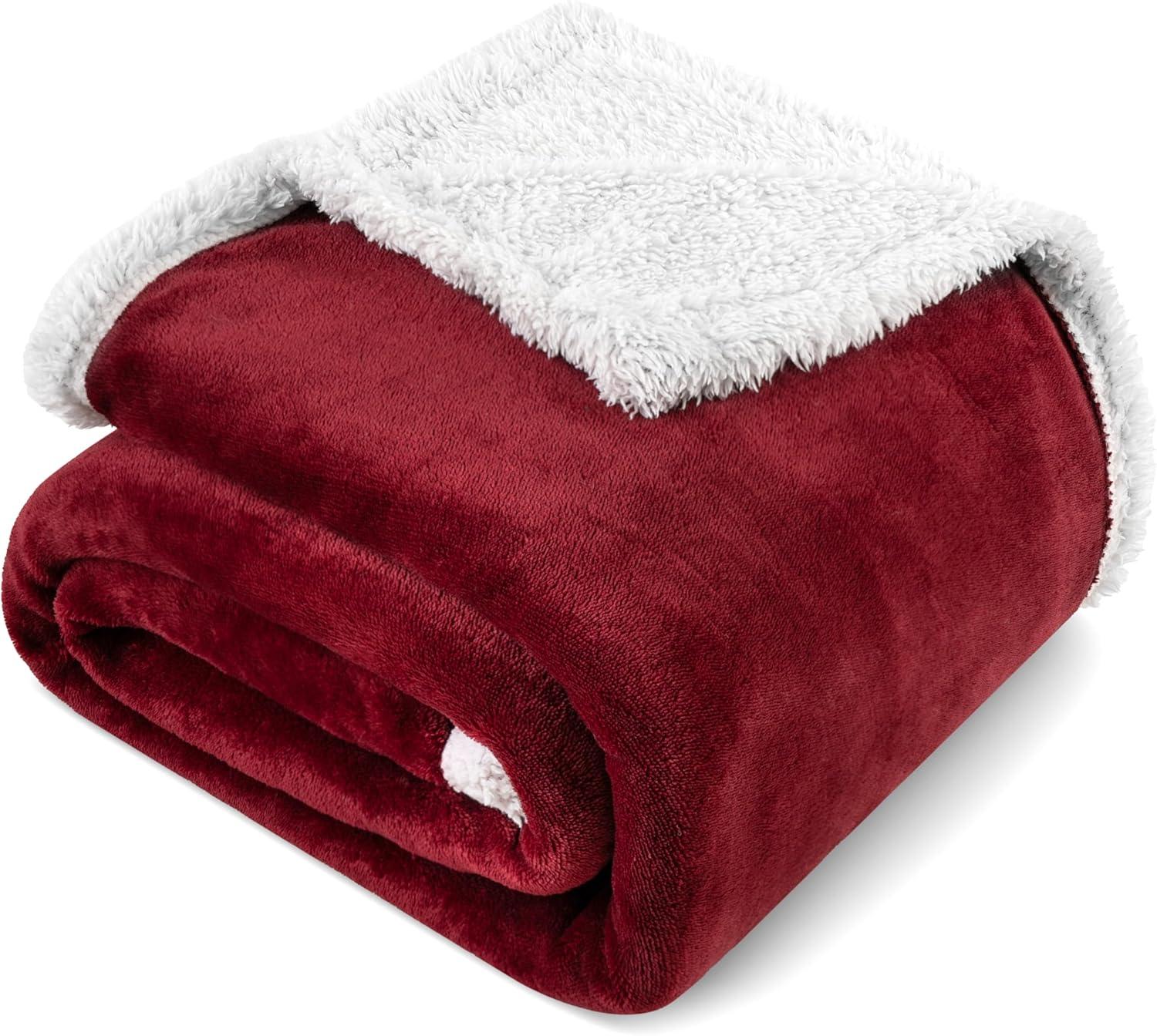 PAVILIA Plush Sherpa Fleece Throw Blanket Burgundy Red | Soft, Warm, Fuzzy Wine Maroon Throw for Couch Sofa | Solid Reversible Cozy Microfiber Fluffy Blanket, 50x60