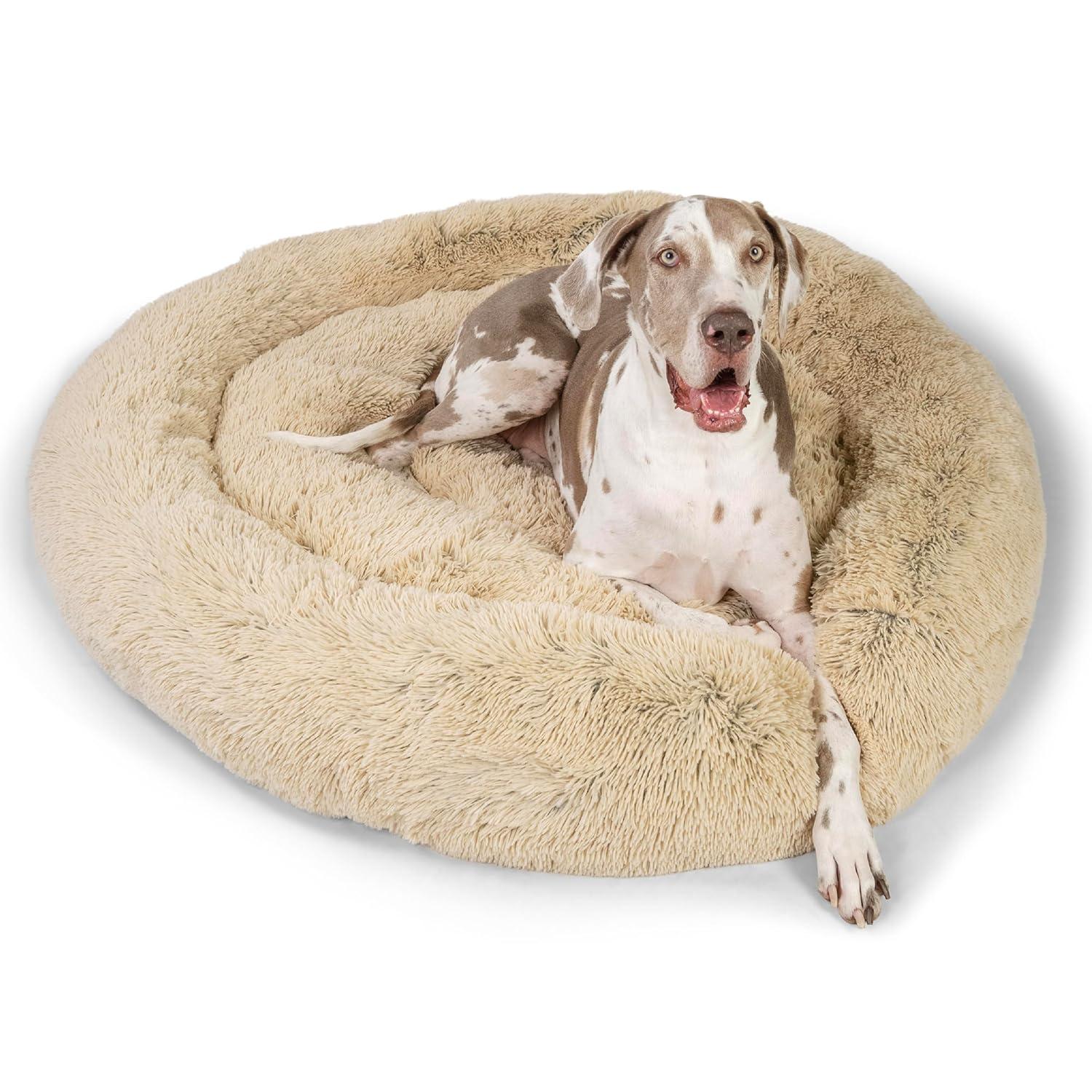 Best Friends by Sheri The Original Calming Donut Dog and Cat Bed Shag 2XL Dog Bed for Big Dogs, Taupe, 54" x 54"