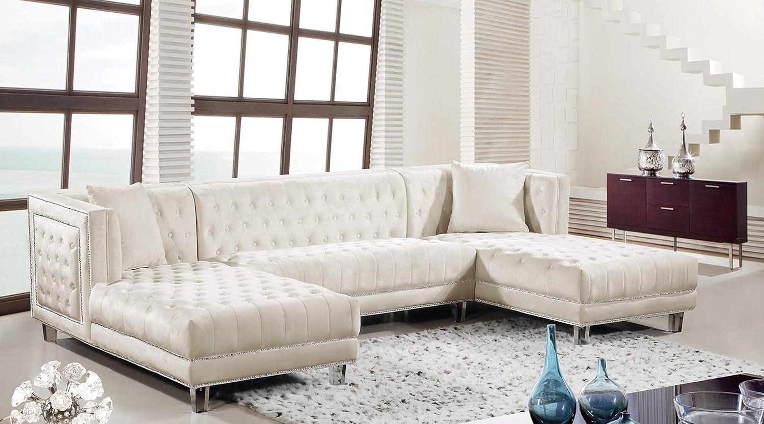 Cream Velvet Tufted Three Piece Sectional Sofa with Acrylic Legs