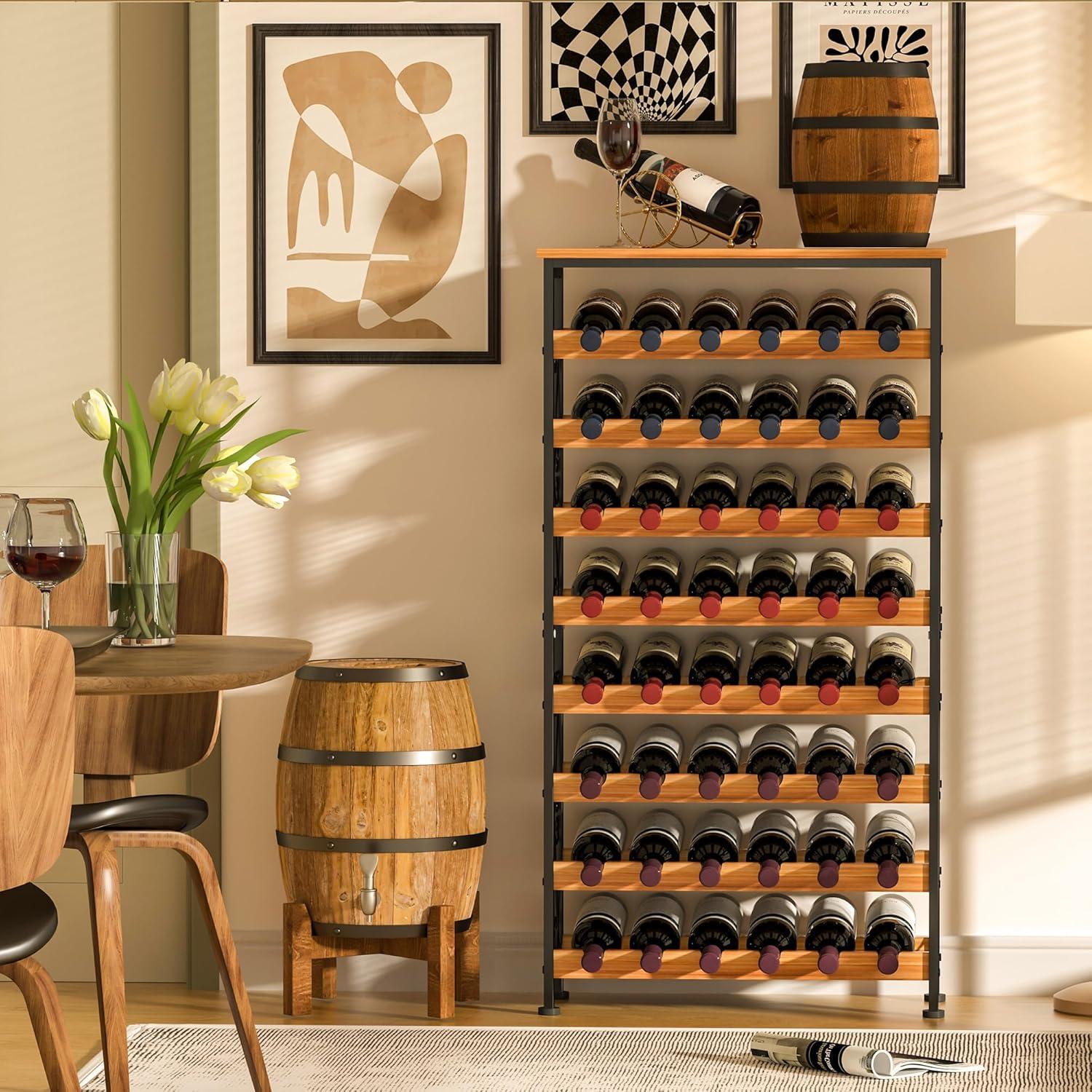 48 Bottles Floor Wine Rack with Wood Top,8 Tier Wine Storage Stand