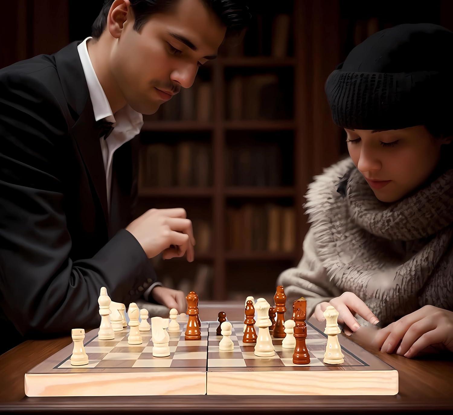 KiddiTouch 15 inch Magnetic Wooden Chess Set 2 in 1 Folding Chess Board Travel Chess Games for Adults and Kids