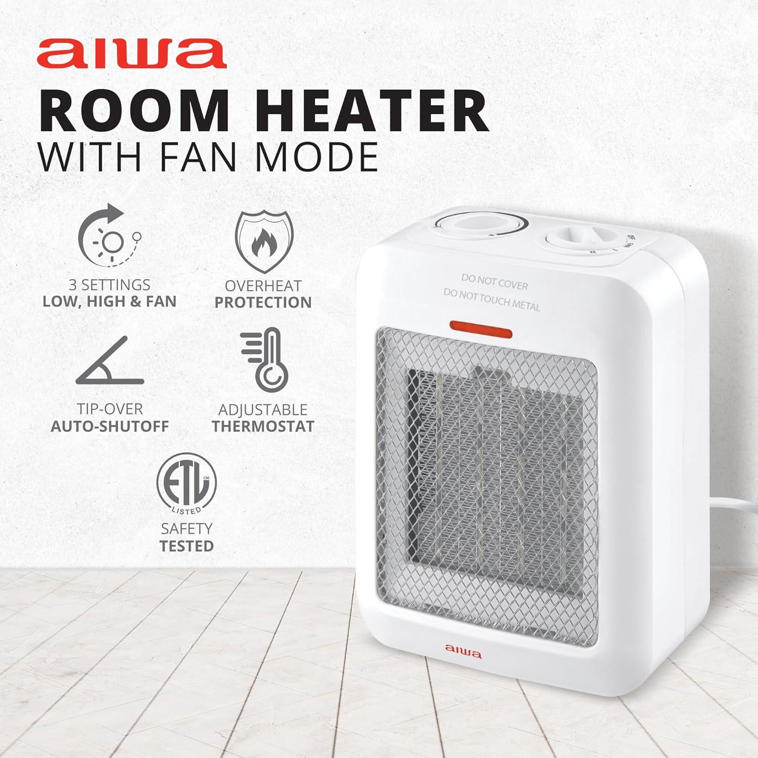 Aiwa 1500W Small Ceramic Room Heater, Overheat Protection, Tip over Auto Shutoff - Black