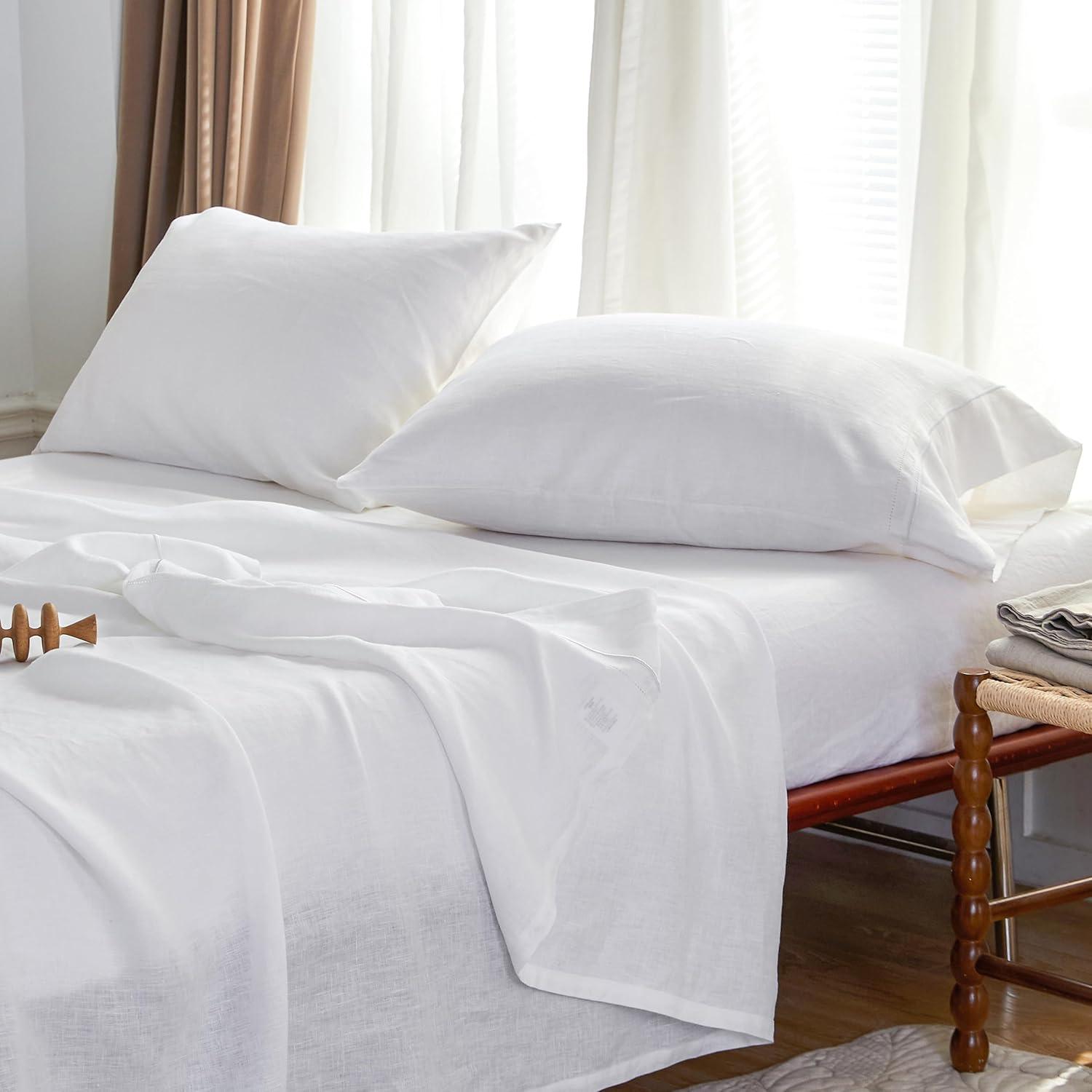 Simple&Opulence Belgian Linen Sheet Set Solid Color - 4 Pieces (1 Flat Sheet, 1 Fitted Sheet & 2 Pillowcases) Natural Flax Cotton Blend Soft Breathable Farmhouse Bedding - Full Size, White