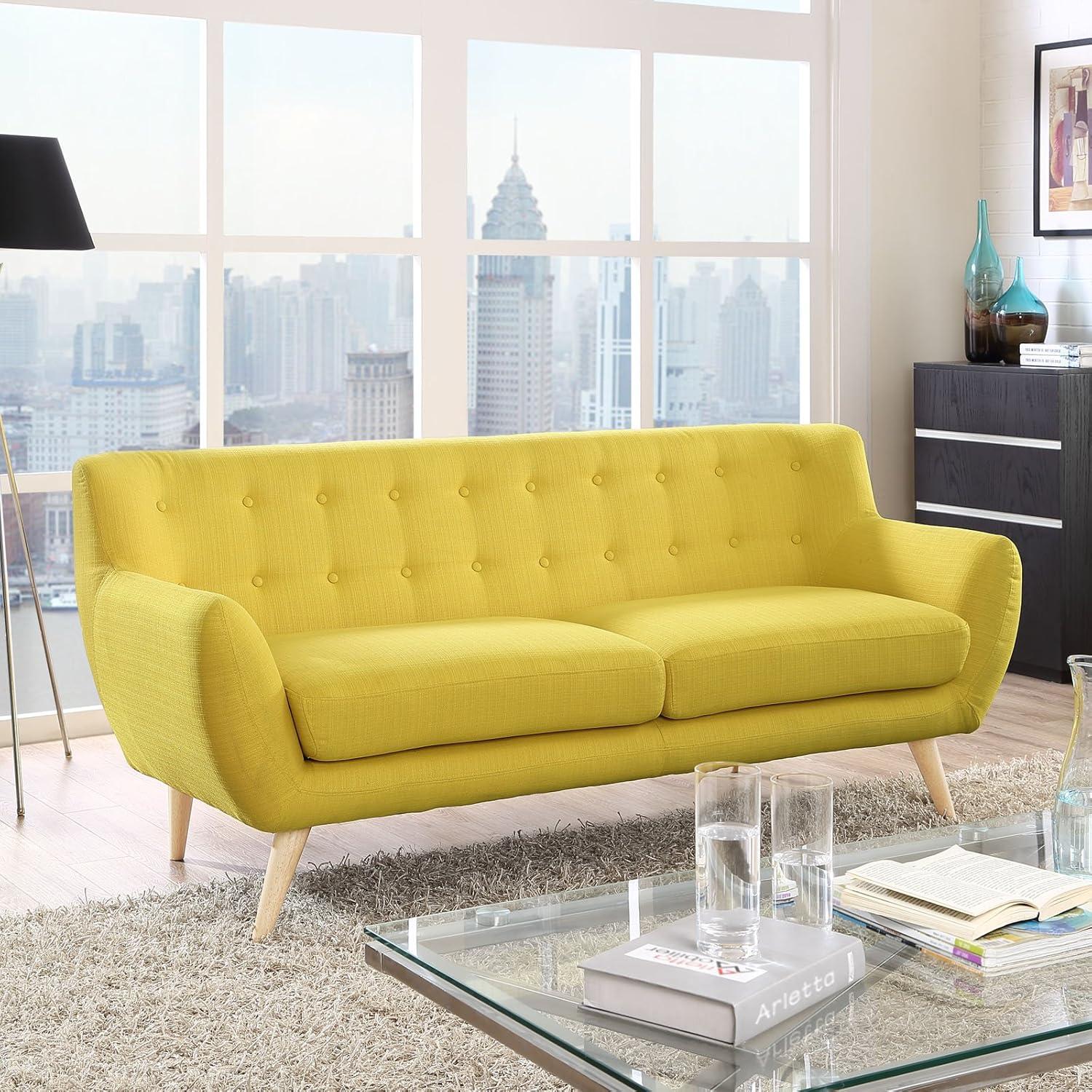 Sunny Tufted Fabric 74" Tuxedo Sofa with Natural Wood Legs