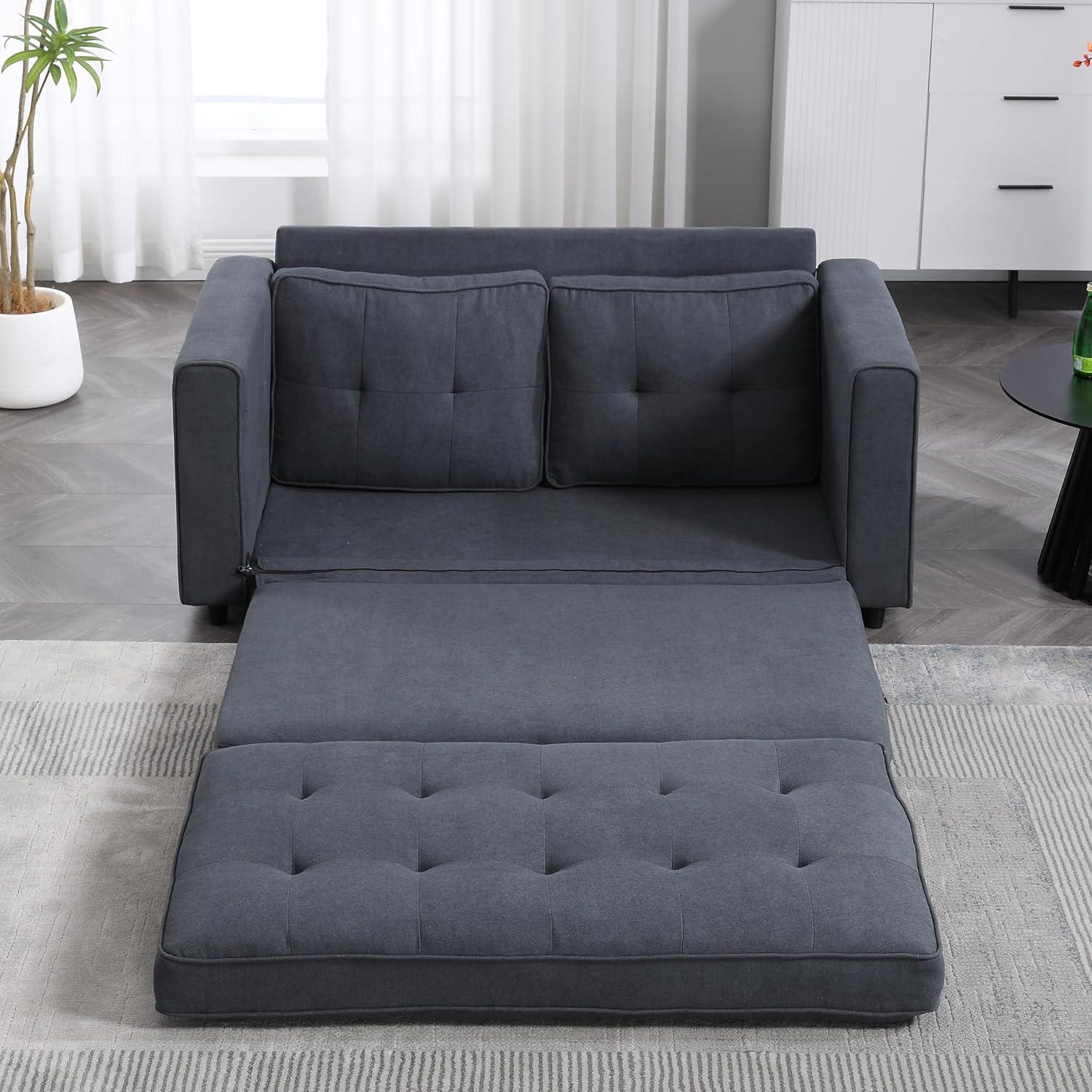 Dark Gray Linen 3-in-1 Convertible Sleeper Loveseat with Storage