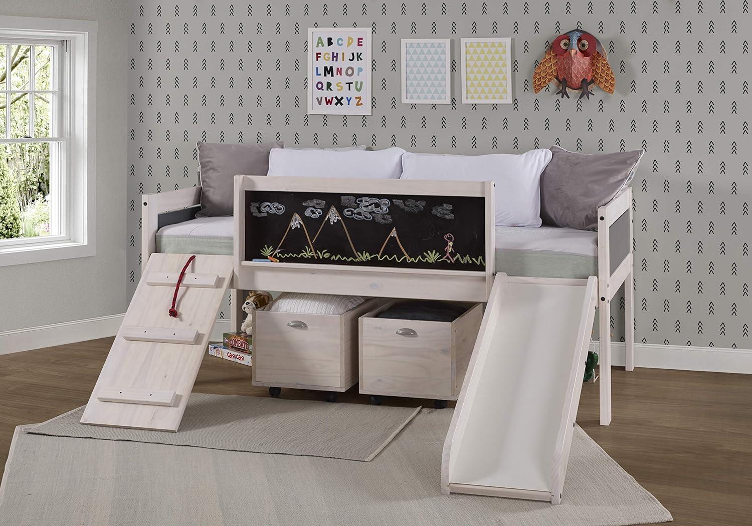 White Wash Pine Twin Loft Bed with Toy Boxes and Slide